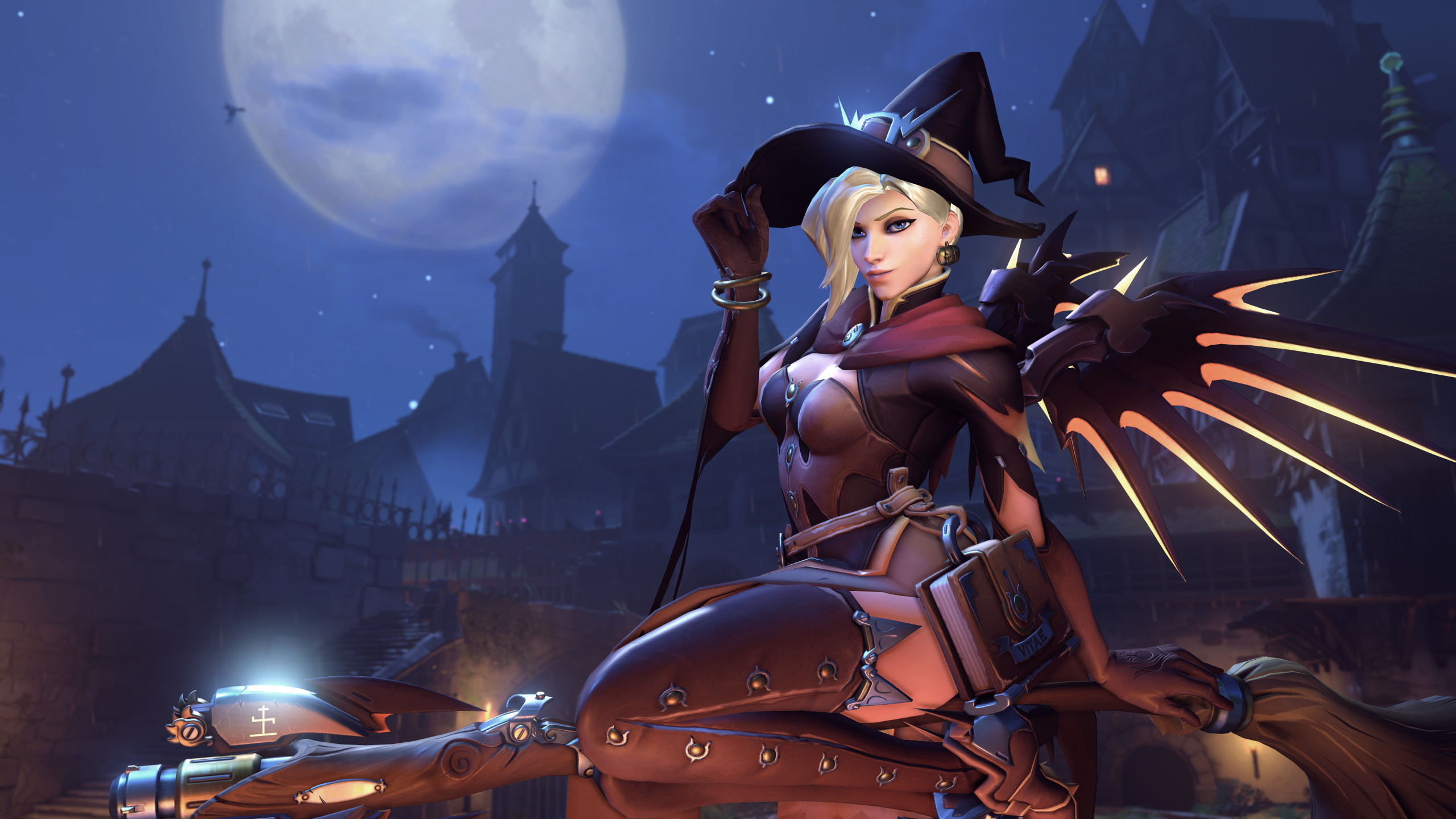 Mercy, Overwatch, Strega, Skin di Halloween, Luna piena, Videogioco, sfondo 2K per PC