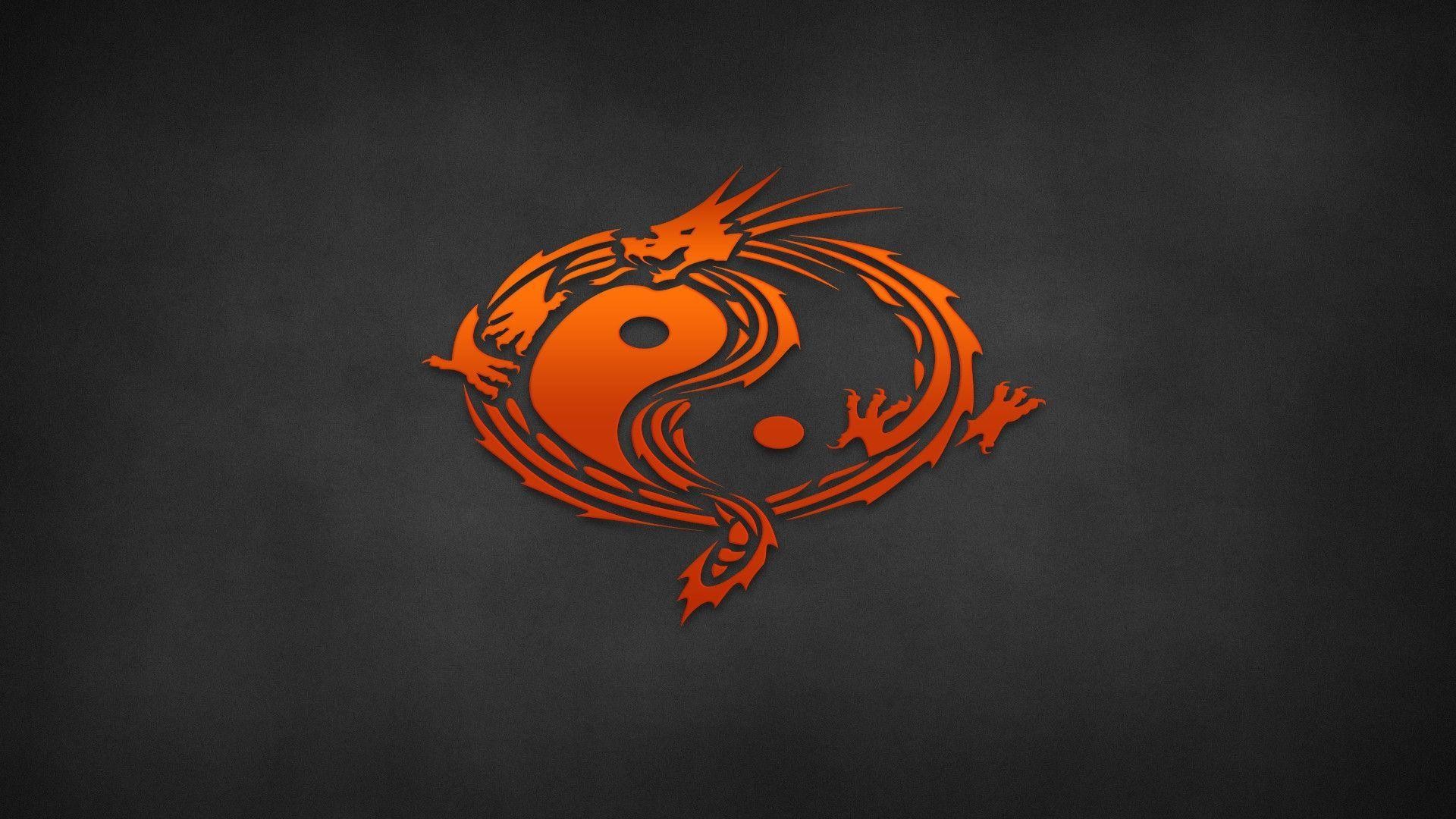 Yin e yang, Drago tribale, Arancione, Sfondo grigio, 1920x1080, wallpaper desktop