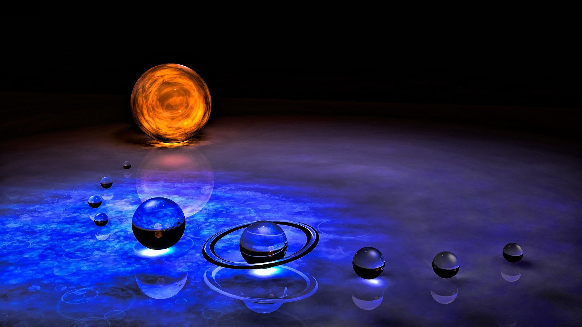 Sistema solare, Sole, Saturno, Sfere di vetro, Rendering 3D, Blu, sfondo Full HD per PC