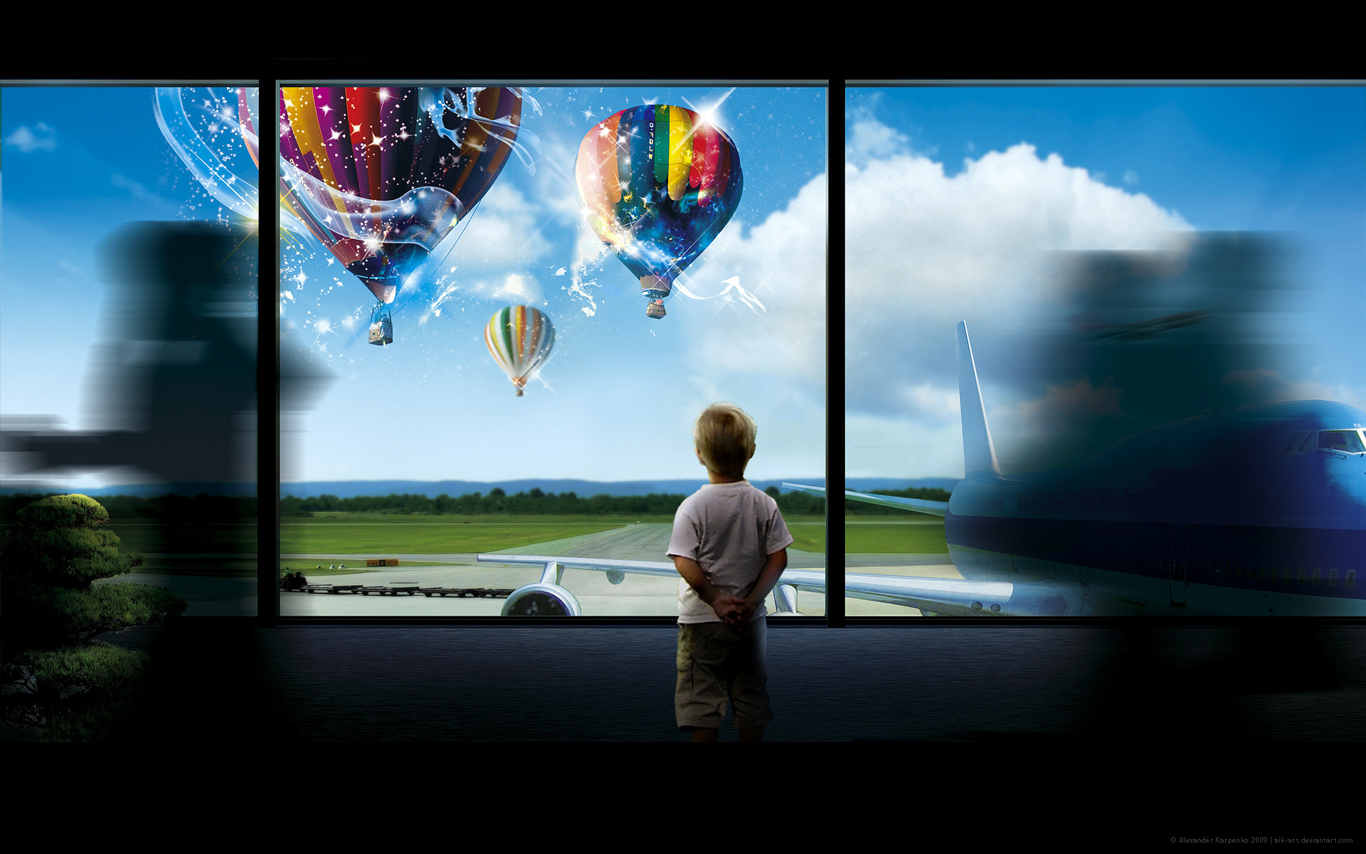 Bambino, Mongolfiere, Aeroporto, Finestra, Futuro, 1920x1200, immagine di sfondo