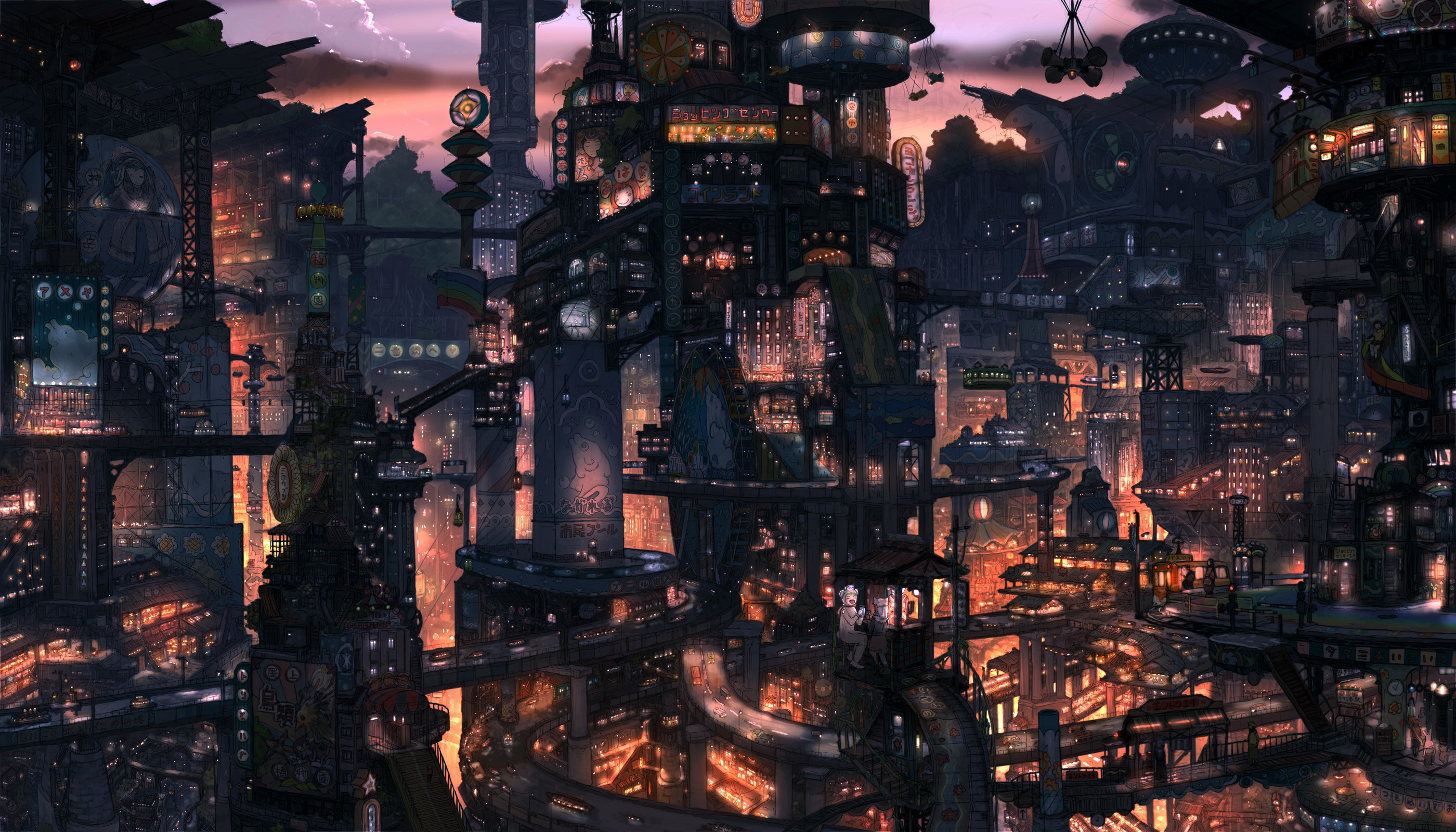 Città futuristica, Steampunk, Notte, Luci, 2K, sfondo per PC
