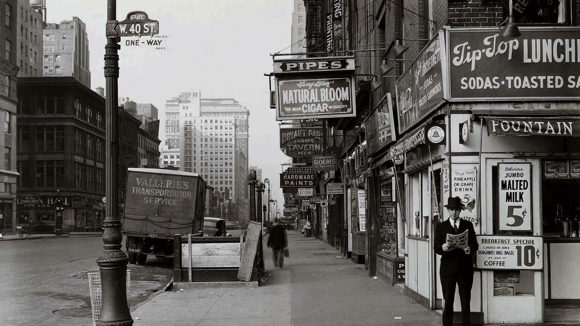 New York d'epoca, Strada, Insegne, Bianco e nero, 16:9 Full HD, wallpaper widescreen