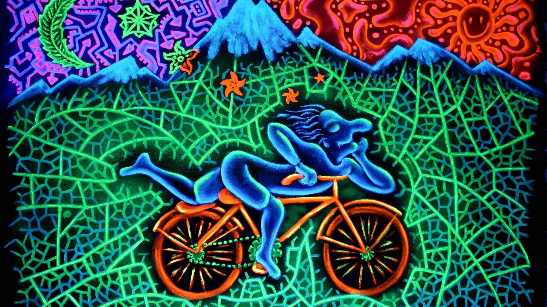 Bicycle Day, Albert Hofmann, Arte psichedelica, Bicicletta, Colori neon, sfondo 1920x1080 per PC