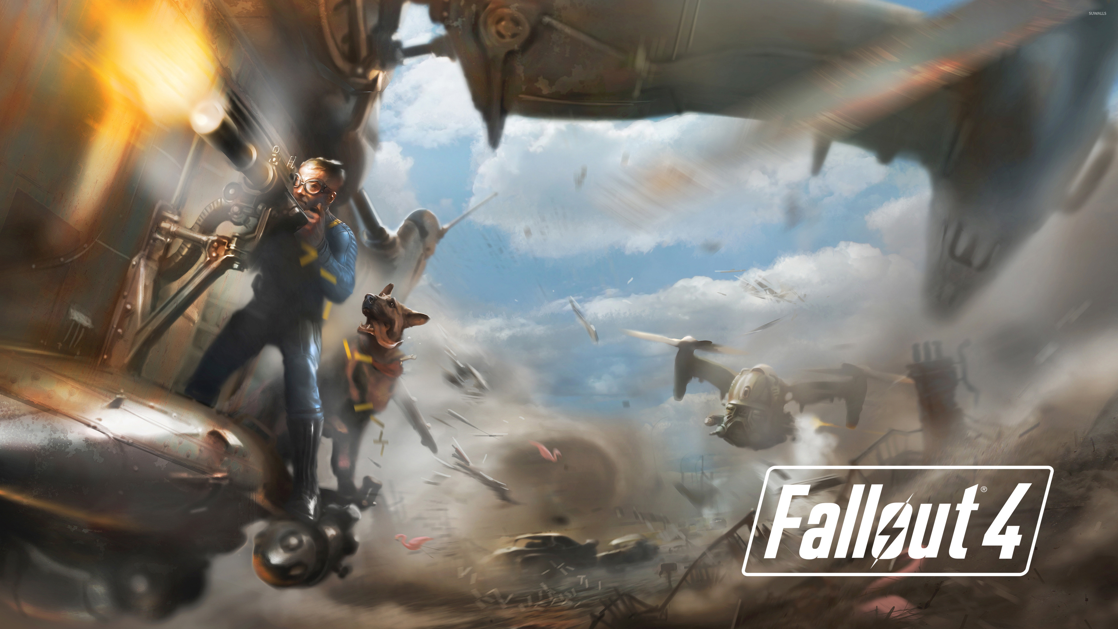 Fallout 4, Unico Sopravvissuto, Dogmeat, Vertibird, Esplosione, 3840x2160, sfondo per PC