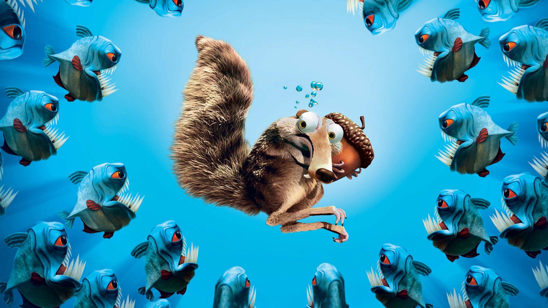 Scrat, L'era glaciale 3, Ghianda, Piranha, Sfondo azzurro, 1920x1080, wallpaper desktop
