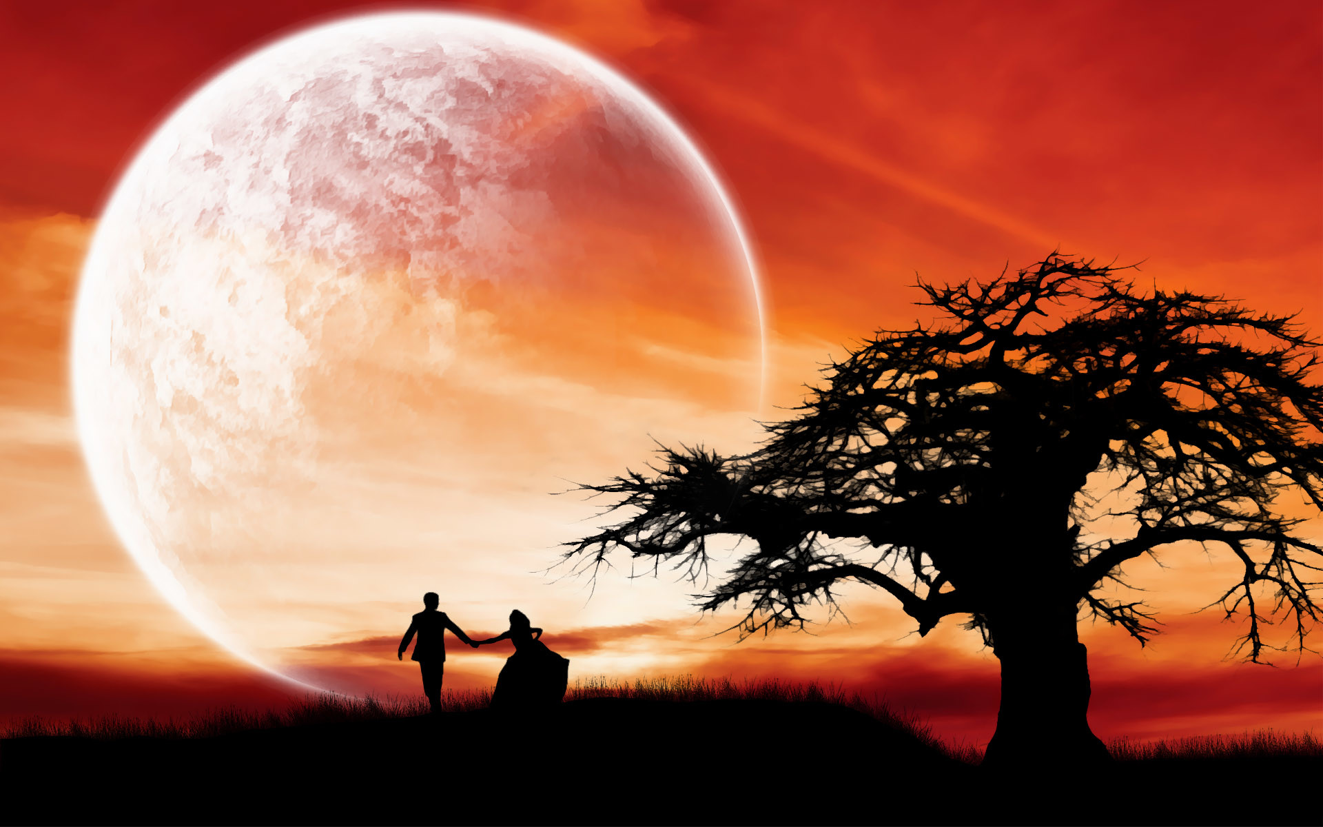 Luna, Coppia, Albero, Tramonto, Sagome, Full HD, sfondo Windows 11