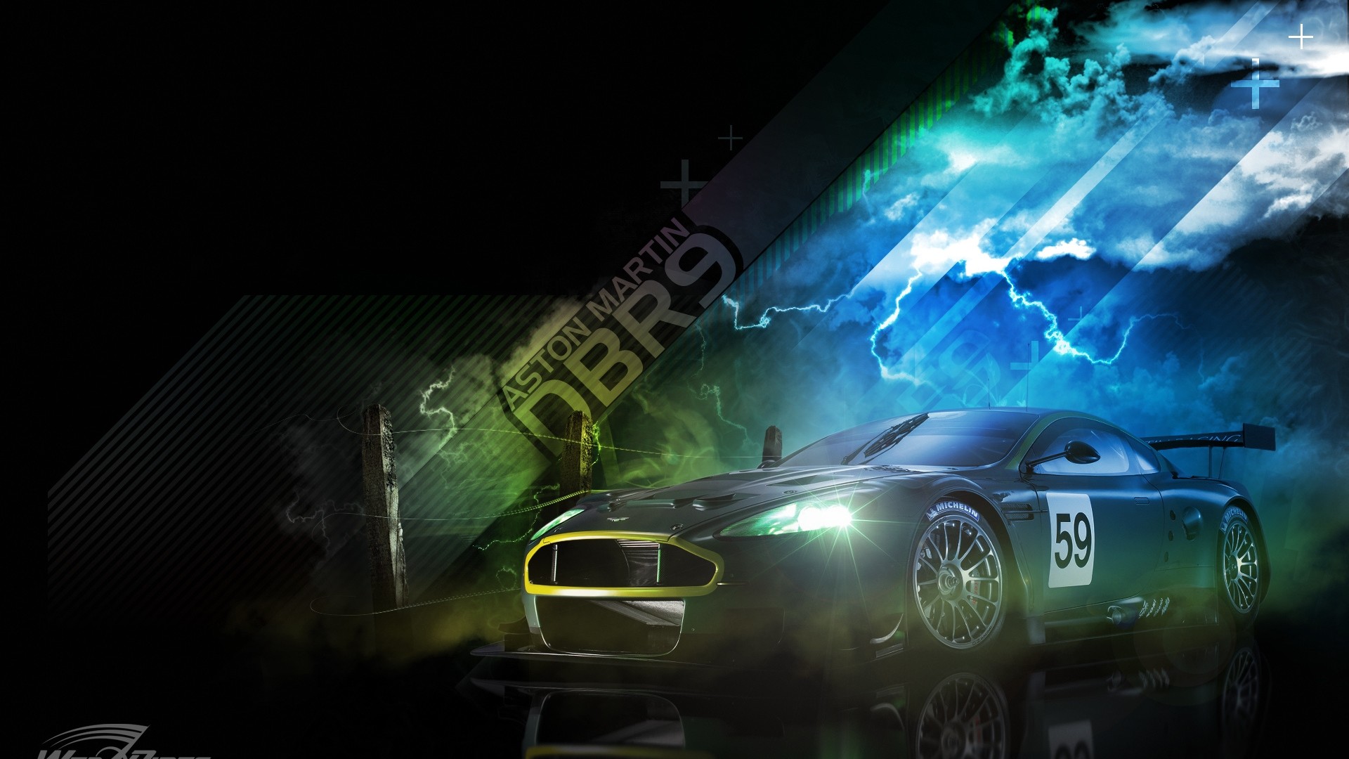 Aston Martin DBR9, Auto da corsa, Arte digitale, Sfondo scuro, wallpaper per desktop