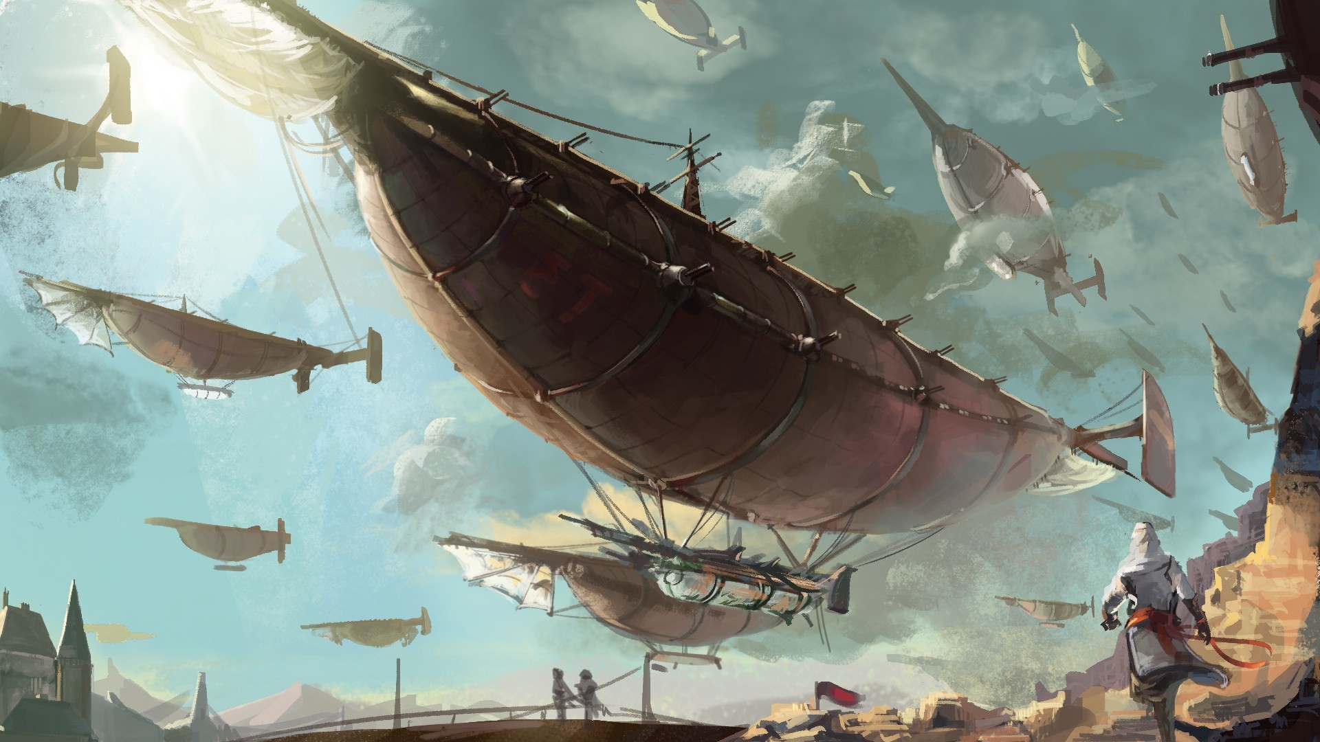Dirigibili, Navi volanti, Cielo, Illustrazione, Steampunk, Full HD 1080p, sfondo desktop