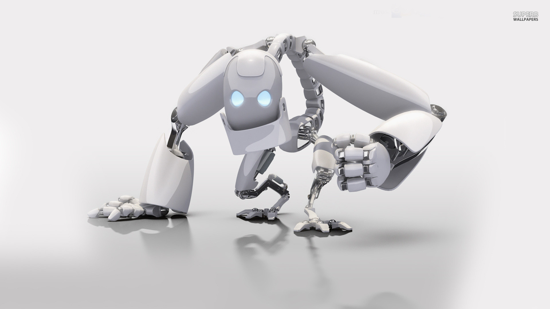 Robot, Occhi blu, Rendering 3D, Sfondo bianco, 1920x1080, wallpaper desktop
