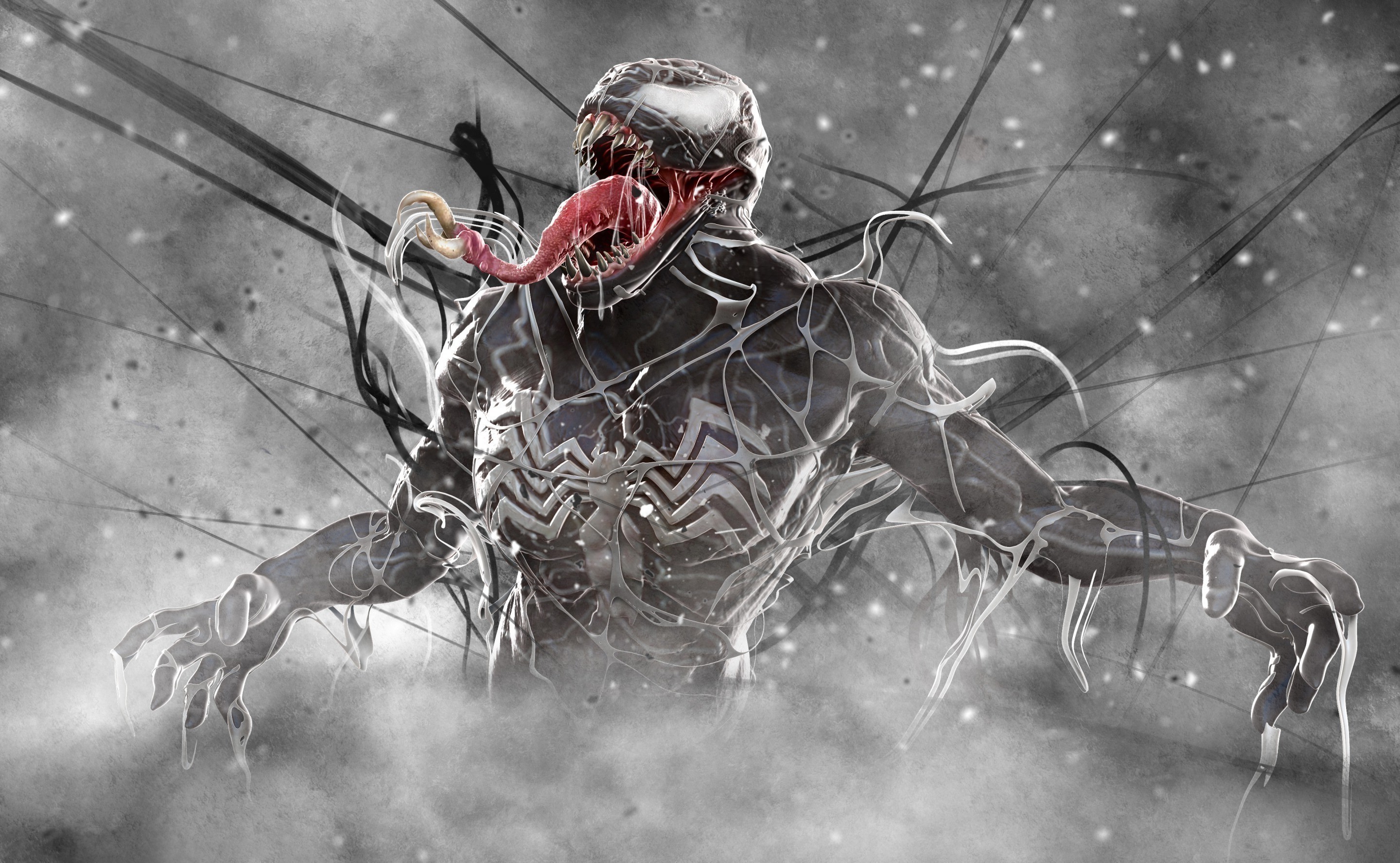 Venom, Bianco e nero, Lingua, Ragnatele, 2K, sfondo per portatile