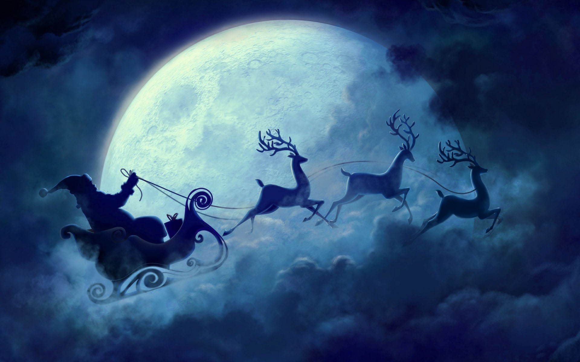 Babbo Natale, Slitta, Renne, Luna piena, Notte, 1920x1200, immagine di sfondo