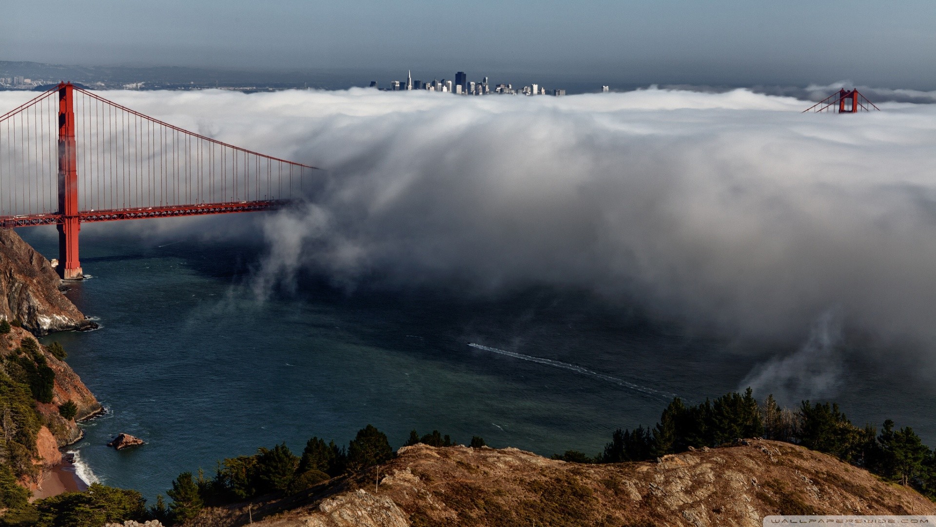 Golden Gate Bridge, San Francisco, Nebbia, Vista aerea, Full HD, sfondo Windows 11