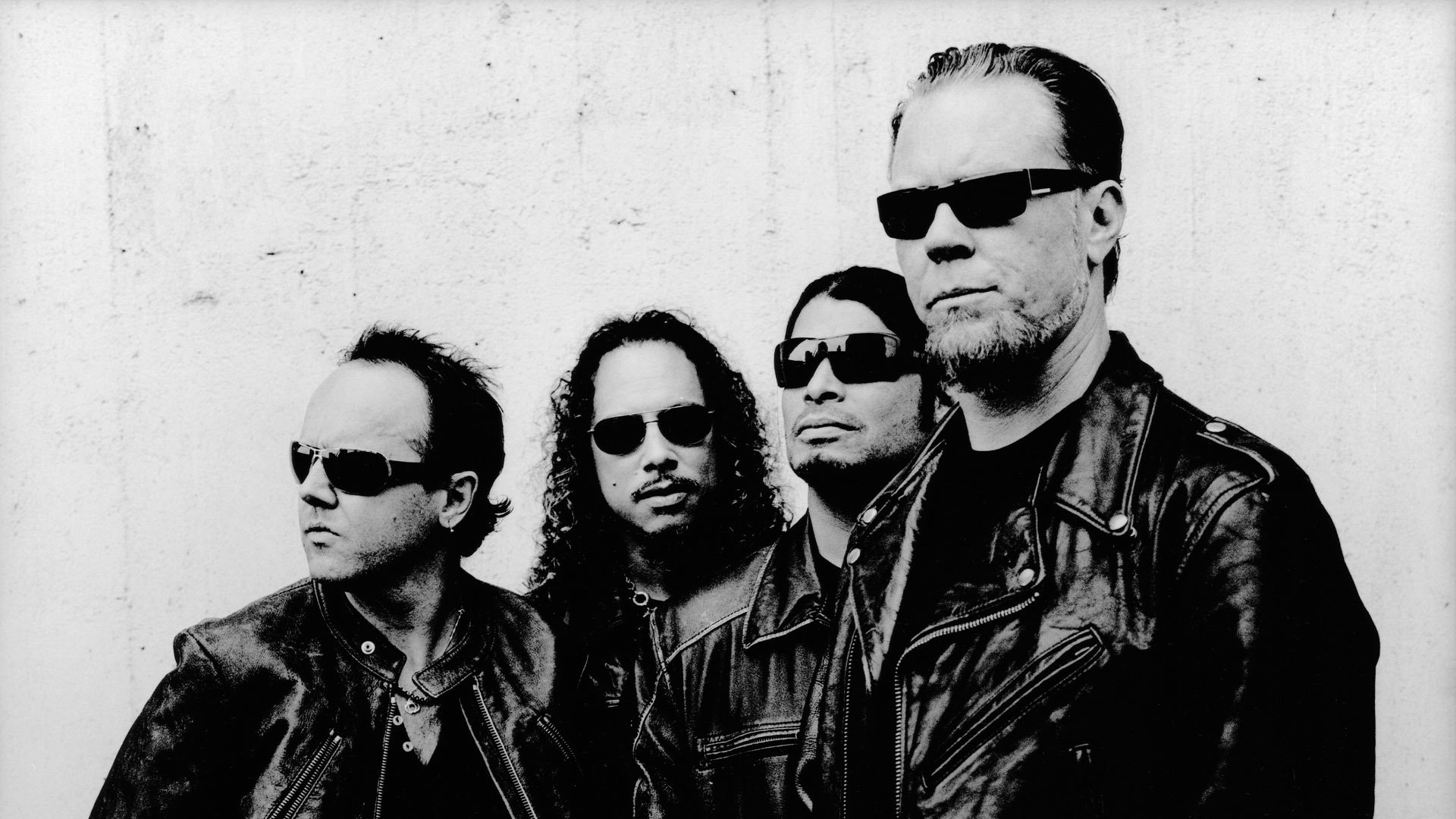 Metallica, James Hetfield, Lars Ulrich, Kirk Hammett, Robert Trujillo, Bianco e nero, sfondo Full HD