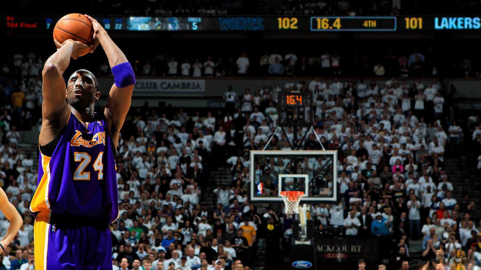 Kobe Bryant, Los Angeles Lakers, Tiro libero, Arena, Tabellone, 16:9 Full HD, sfondo widescreen