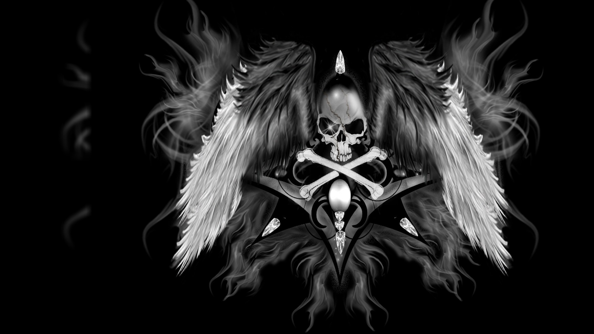 Teschio con ali, Ossa incrociate, Bianco e nero, Sfondo nero, 16:9 Full HD, wallpaper widescreen