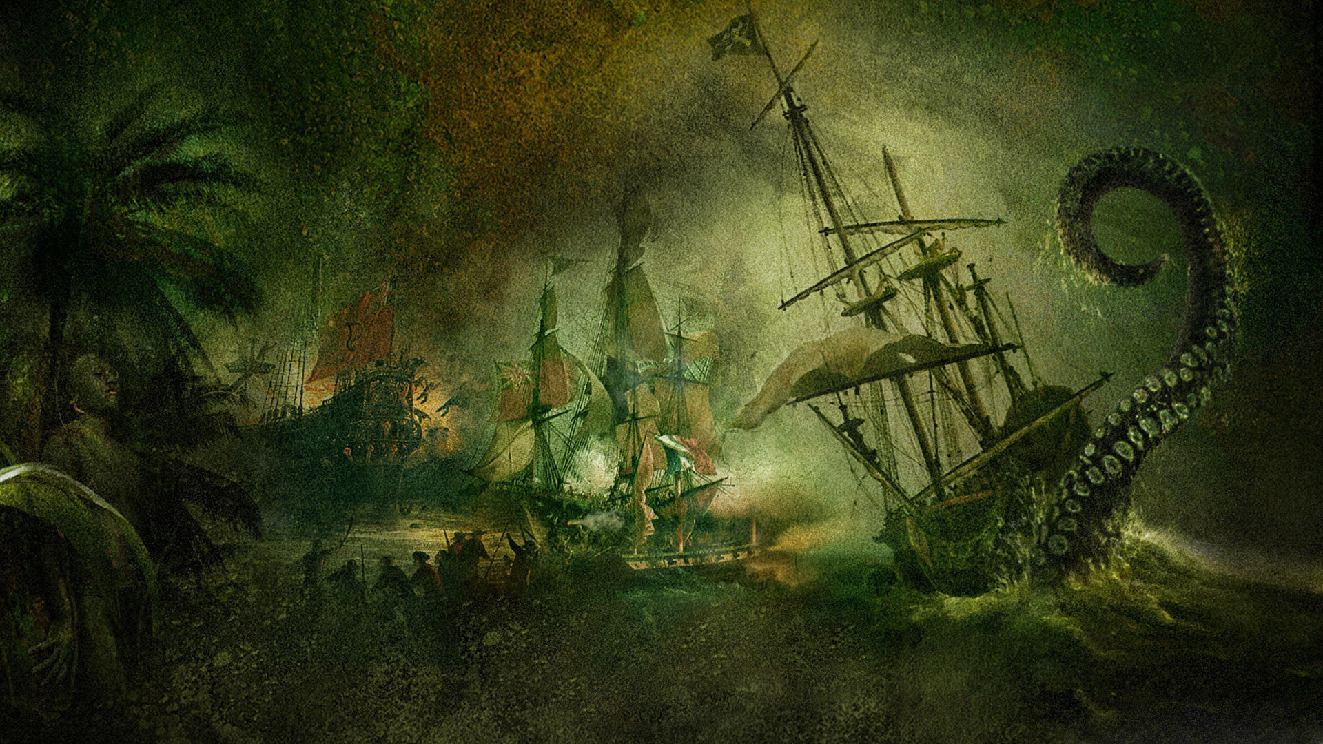 Pirati dei Caraibi: La maledizione del forziere fantasma, Kraken, Nave, Tentacoli, sfondo 1080p