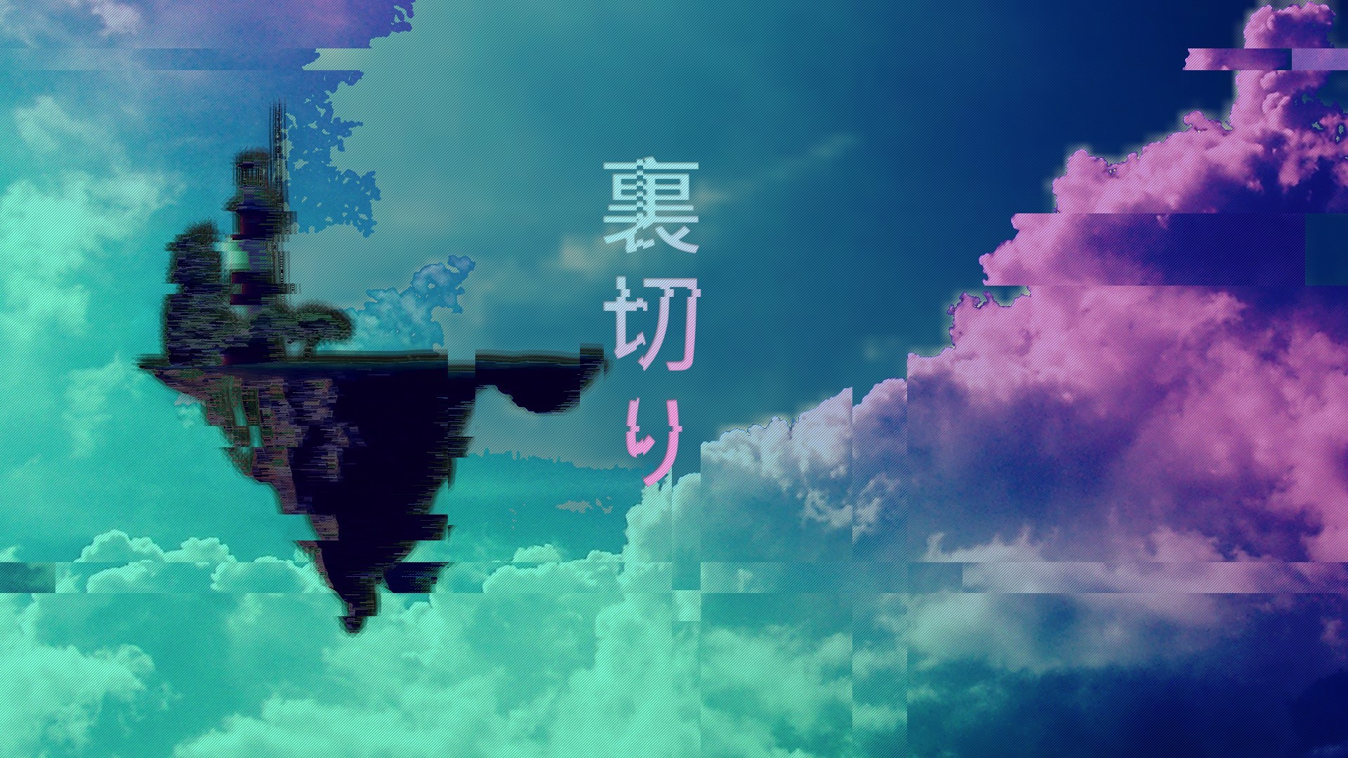 Vaporwave, Isola fluttuante, Nuvole, Kanji, Glitch, Full HD, sfondo per PC