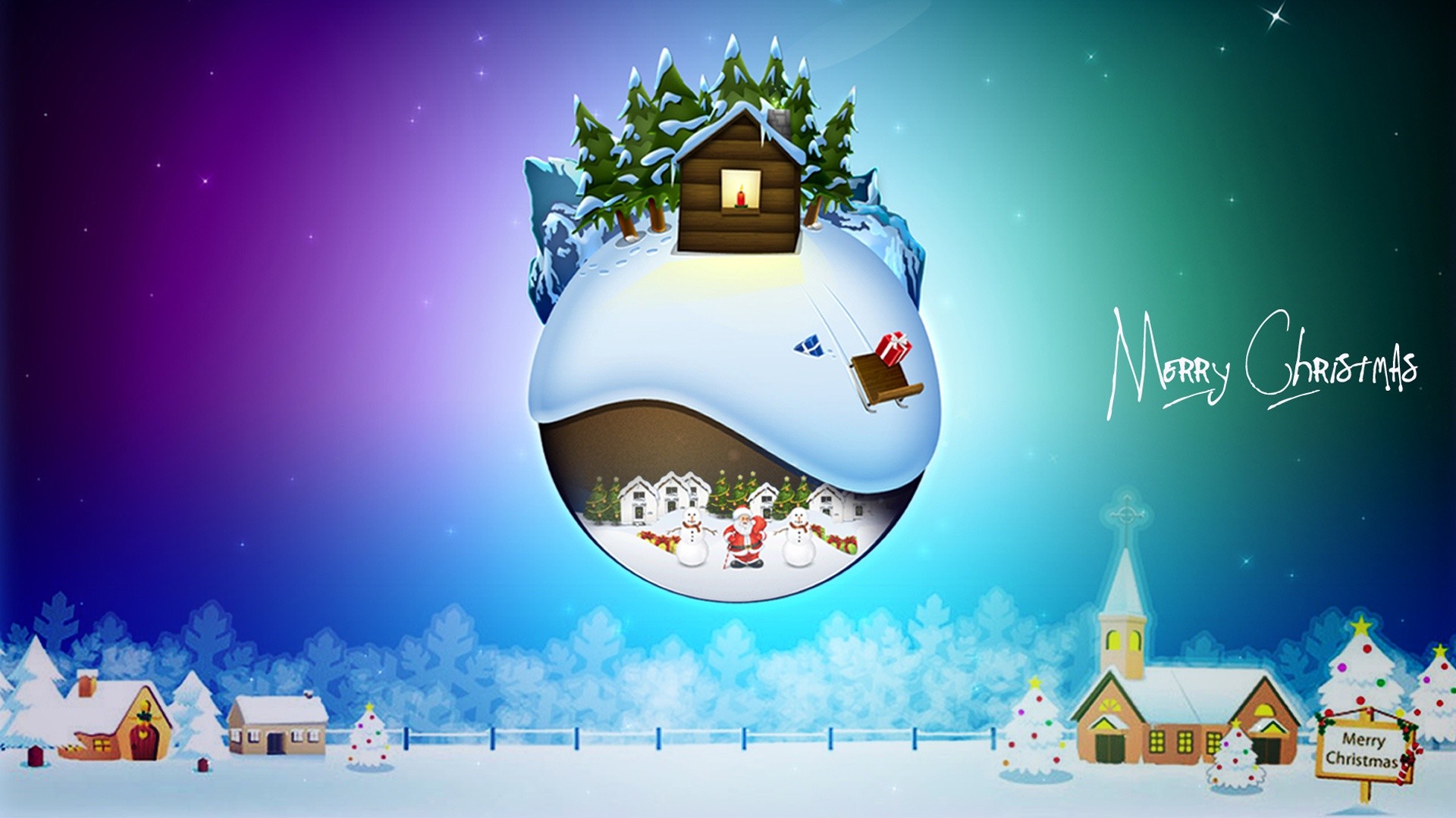 Globo innevato, Baita, Villaggio, Merry Christmas, Viola, Full HD 1080p, sfondo desktop