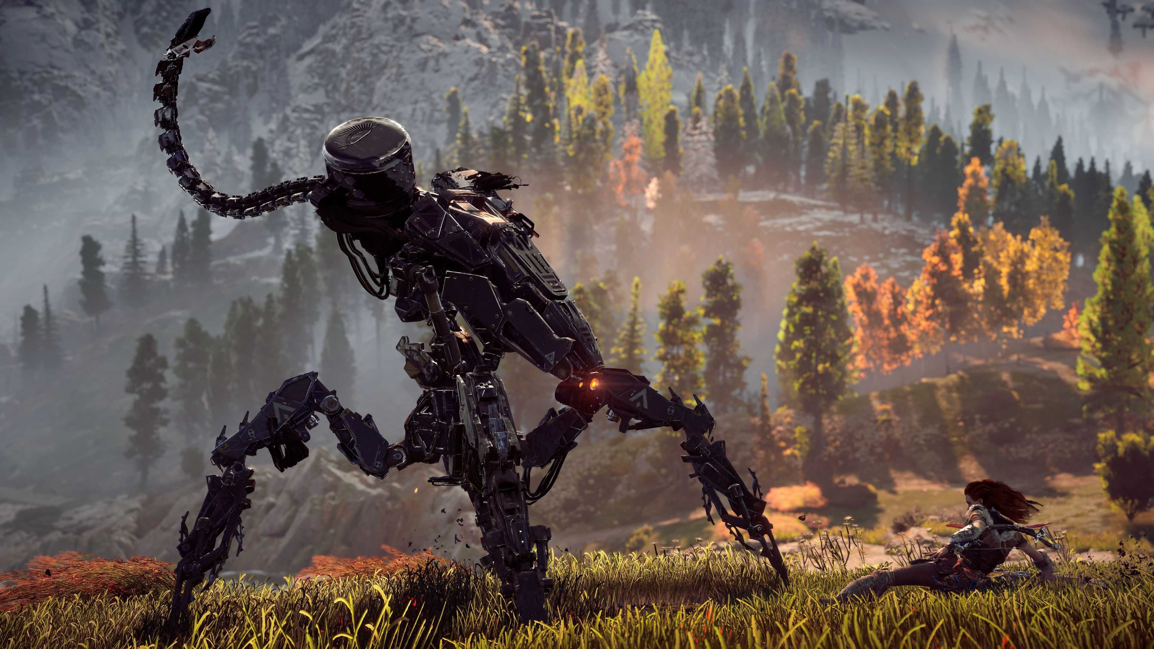 Aloy, Horizon Zero Dawn, Macchina, Autunno, 4K 2160p, sfondo desktop