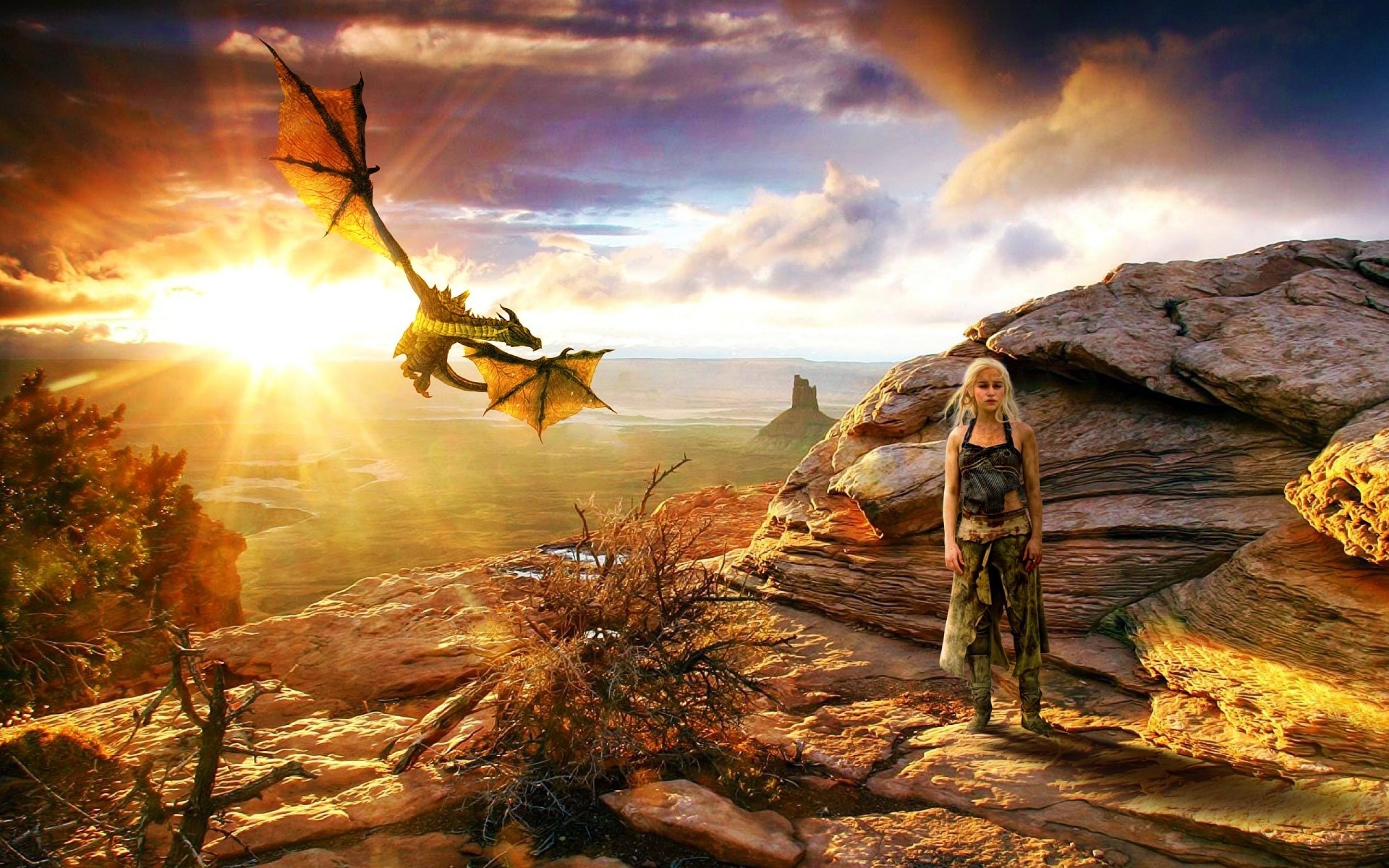 Daenerys Targaryen, Drago, Il Trono di Spade, Tramonto, Canyon, 2K, sfondo per portatile