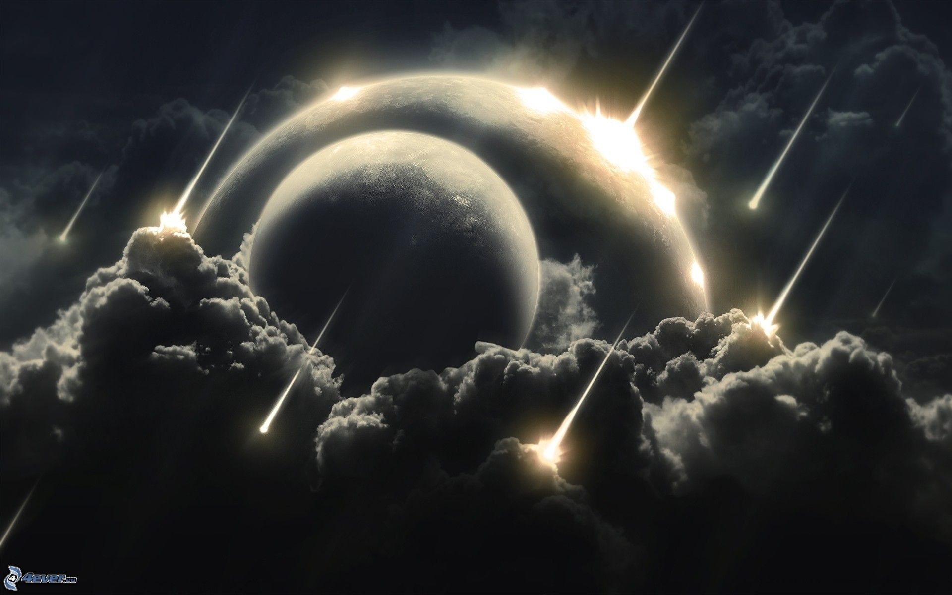 Pianeta, Meteore, Nuvole, Bianco e nero, 1920x1200, sfondo per PC