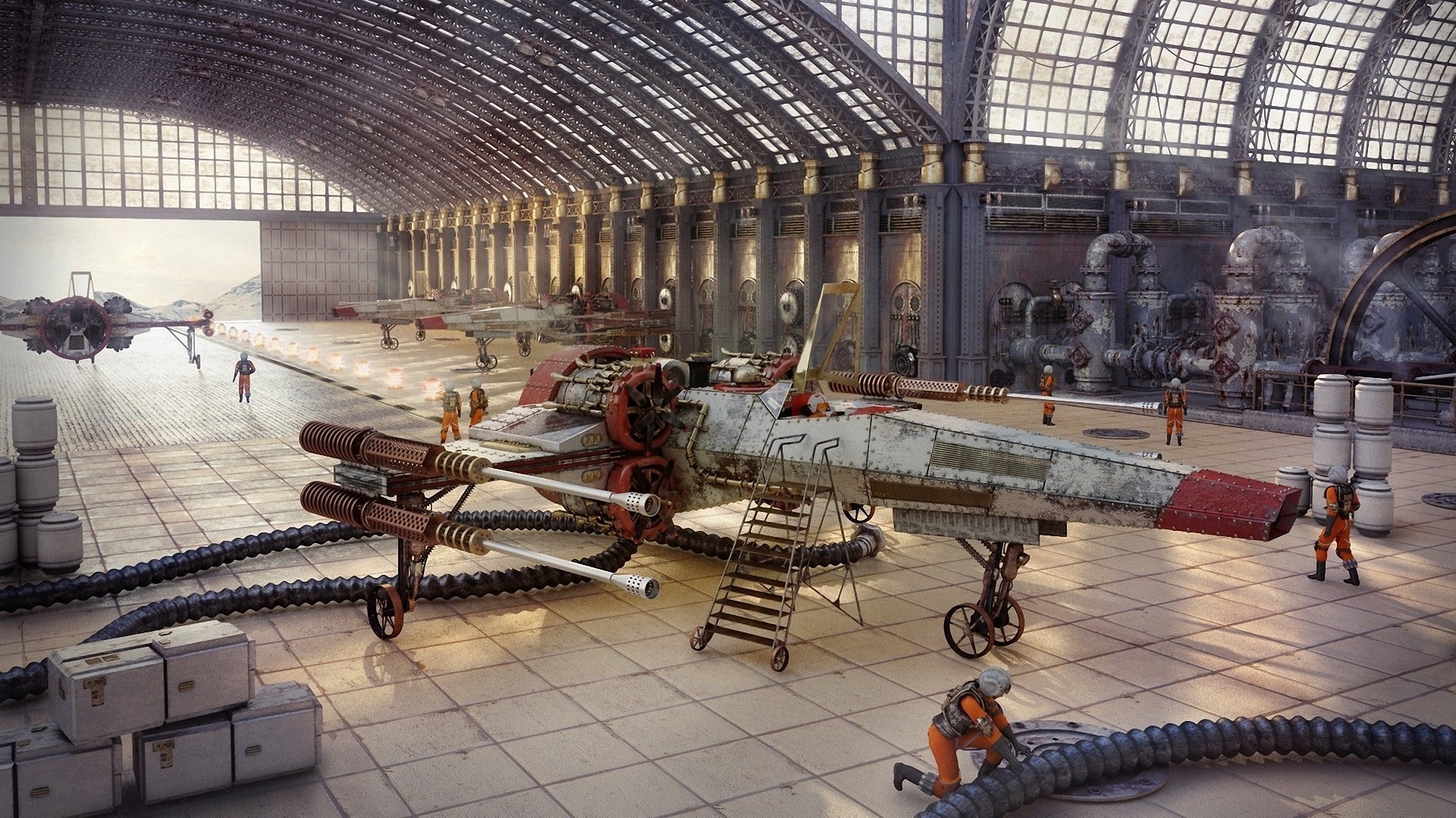 Hangar, Aereo, Officina, Steampunk, Full HD, sfondo Windows 11