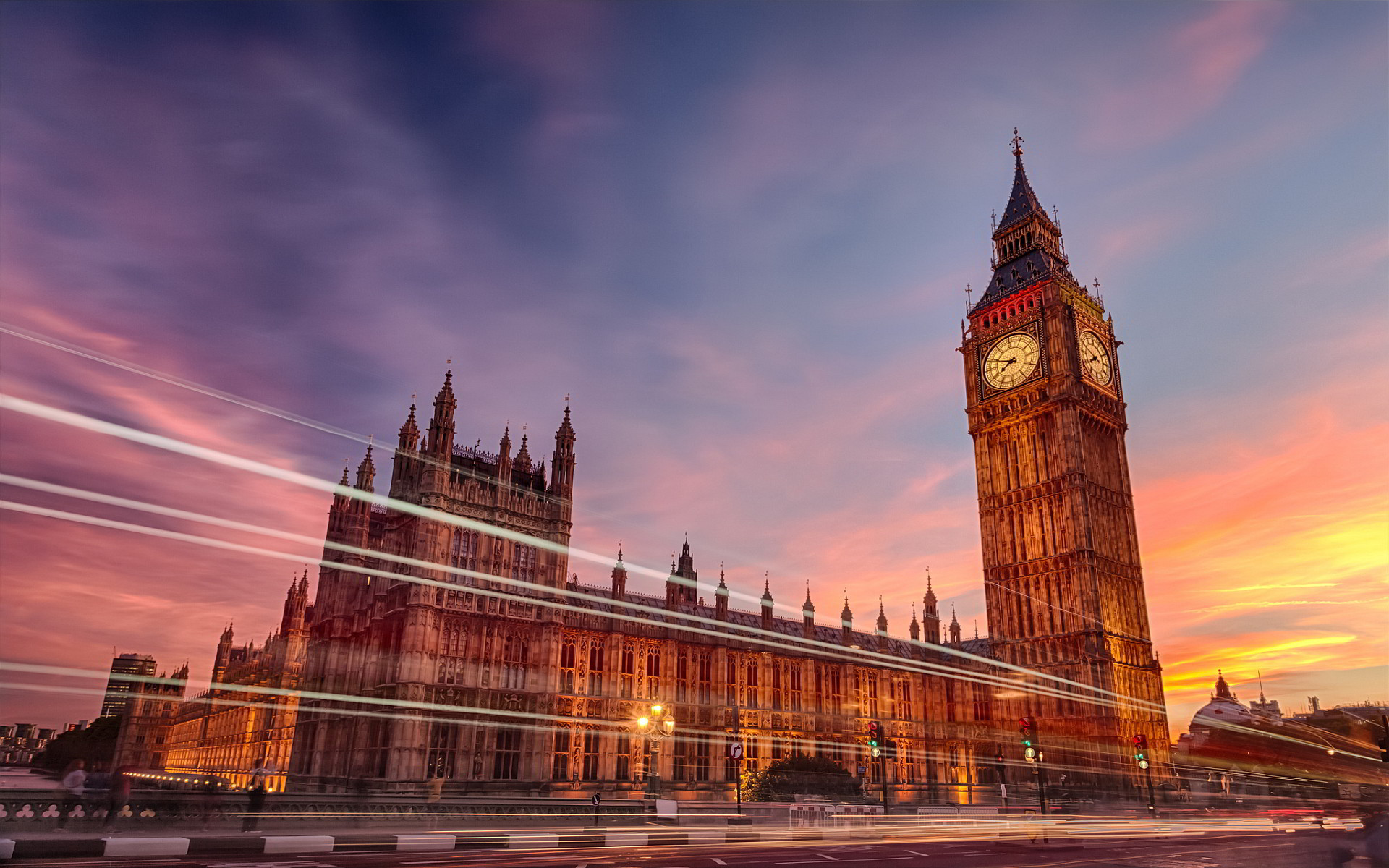 Big Ben, Palazzo di Westminster, Londra, Scie luminose, Tramonto, sfondo 16:10 Full HD