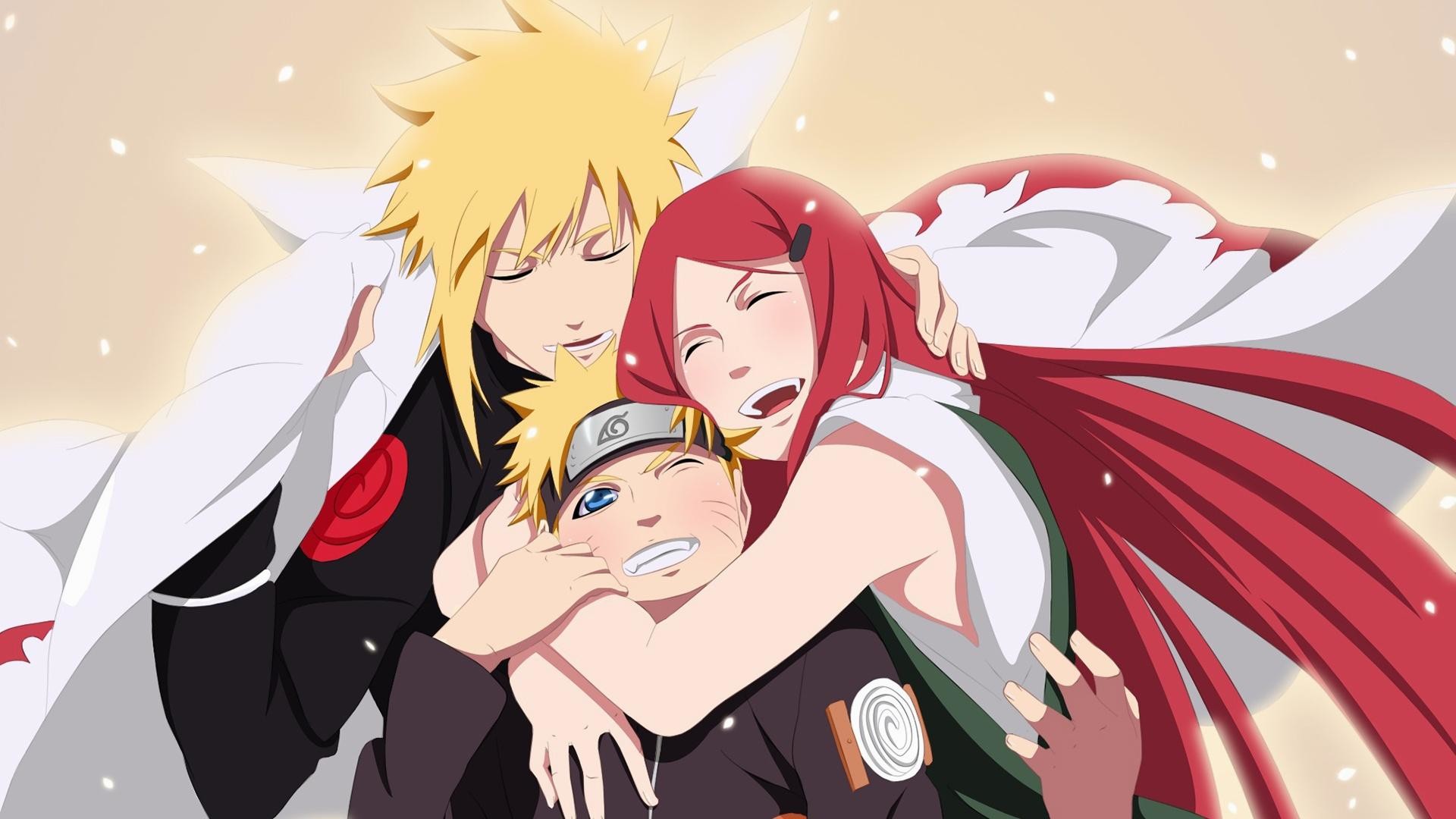 Minato Namikaze, Kushina Uzumaki, Naruto Uzumaki, Abbraccio, Famiglia, sfondo 16:9 Full HD