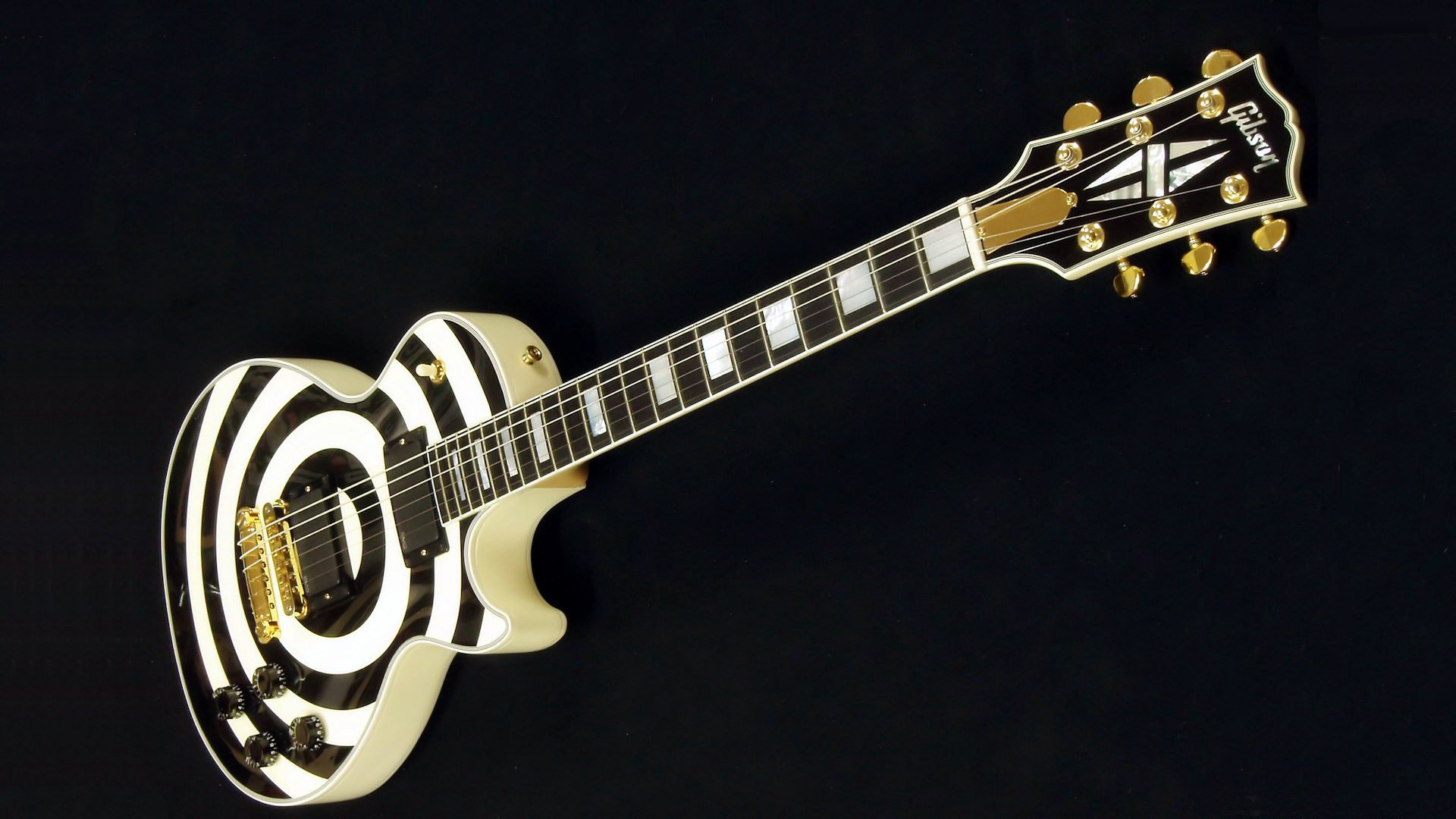 Gibson Les Paul Custom, Zakk Wylde, Bullseye, Sfondo nero, 1920x1080, wallpaper desktop