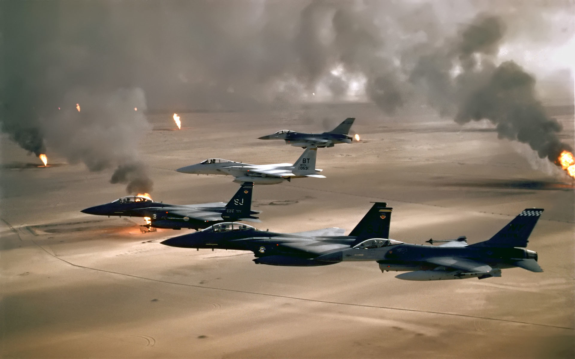 McDonnell Douglas F-15 Eagle, F-16, Guerra del Golfo, Pozzi in fiamme, Formazione, sfondo Full HD