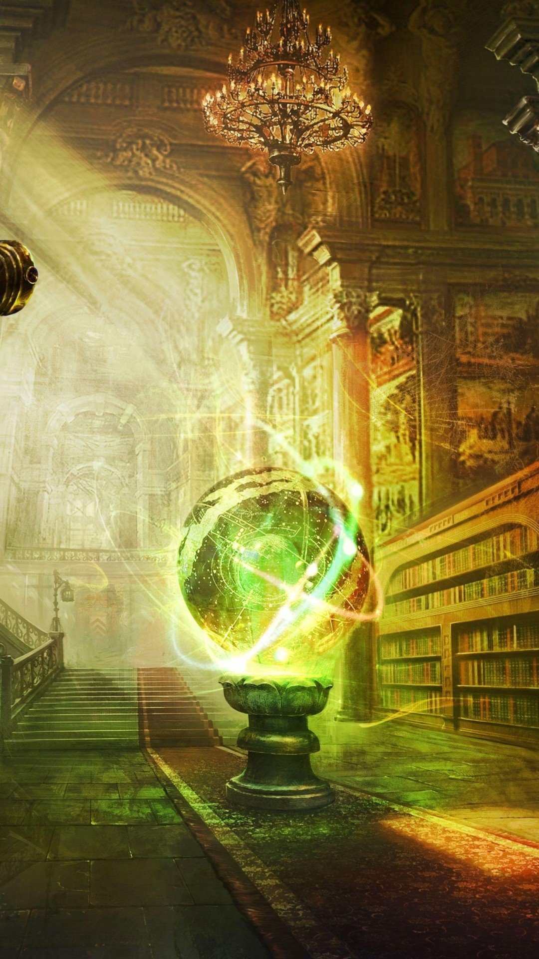 Biblioteca magica, Sfera luminosa, Libri, Lampadario, Fantasy, Luce dorata, wallpaper Full HD per smartphone