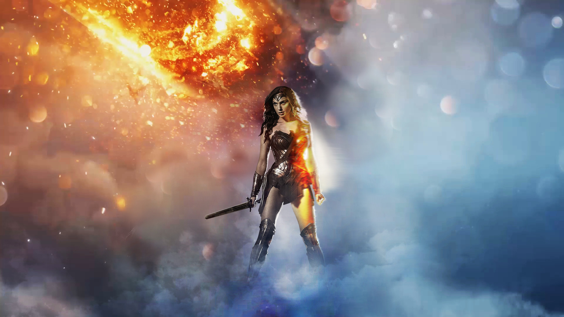 Wonder Woman, Gal Gadot, Esplosione, Spada, Full HD 1080p, sfondo desktop