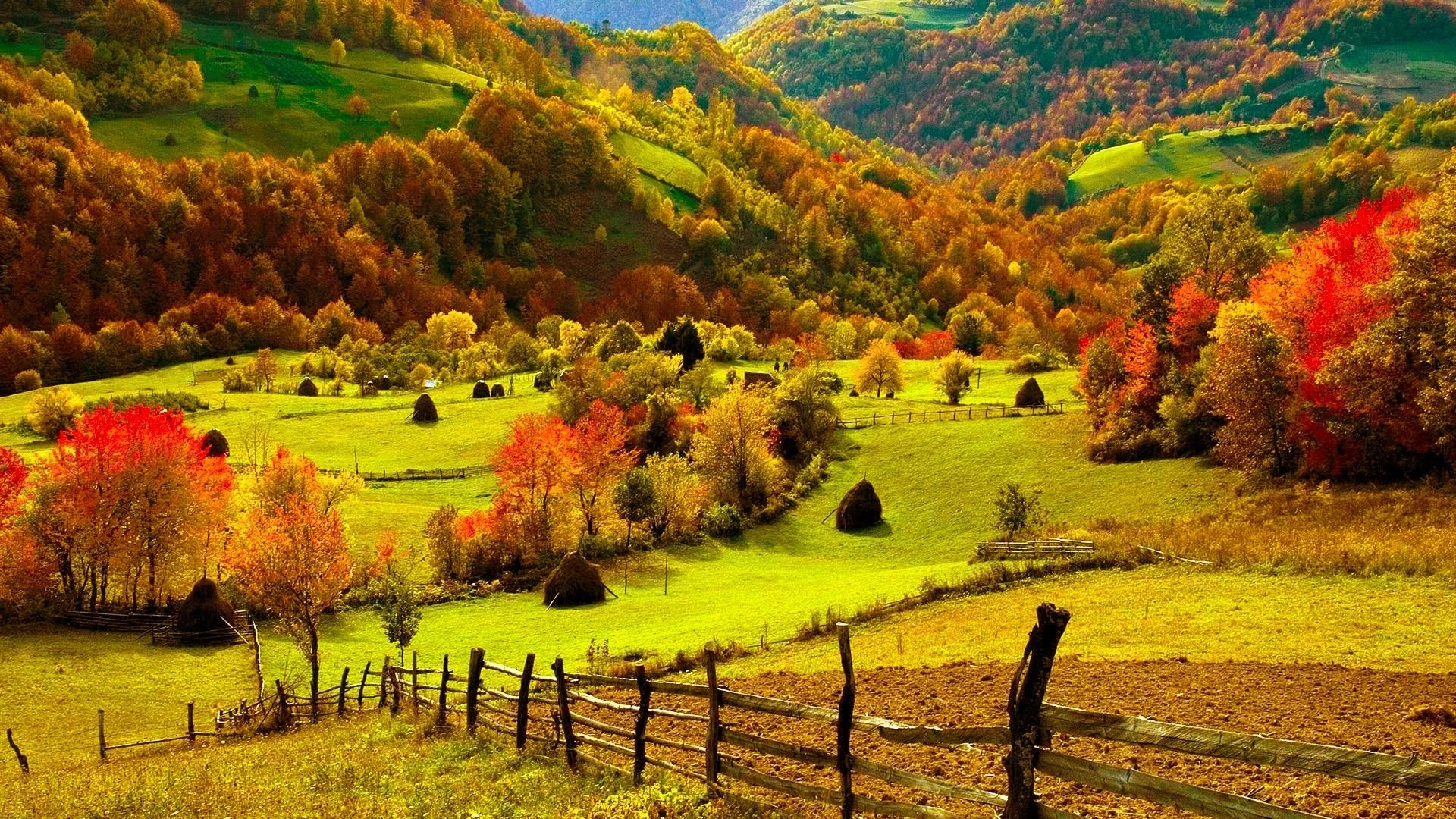 Valle, Colline, Campagna, Staccionata, Covoni, Full HD, sfondo Windows 11
