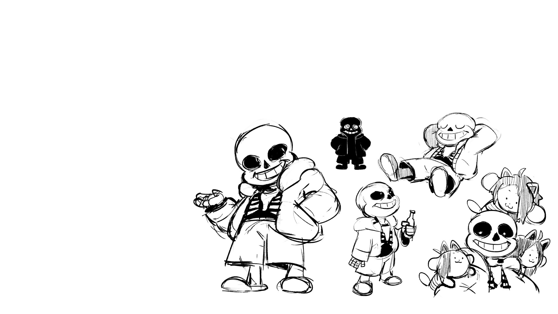 Sans, Undertale, Schizzi, Bianco e nero, 1920x1080, sfondo per PC