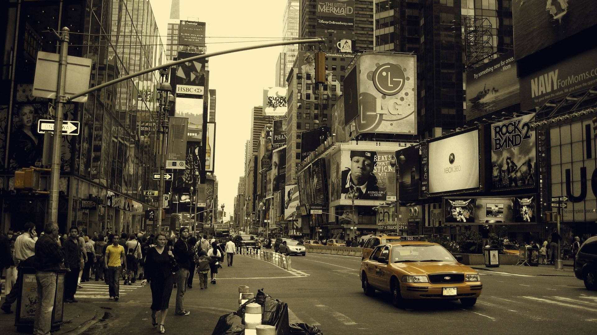 Times Square, Taxi giallo, Folla, Seppia, Full HD, sfondo desktop