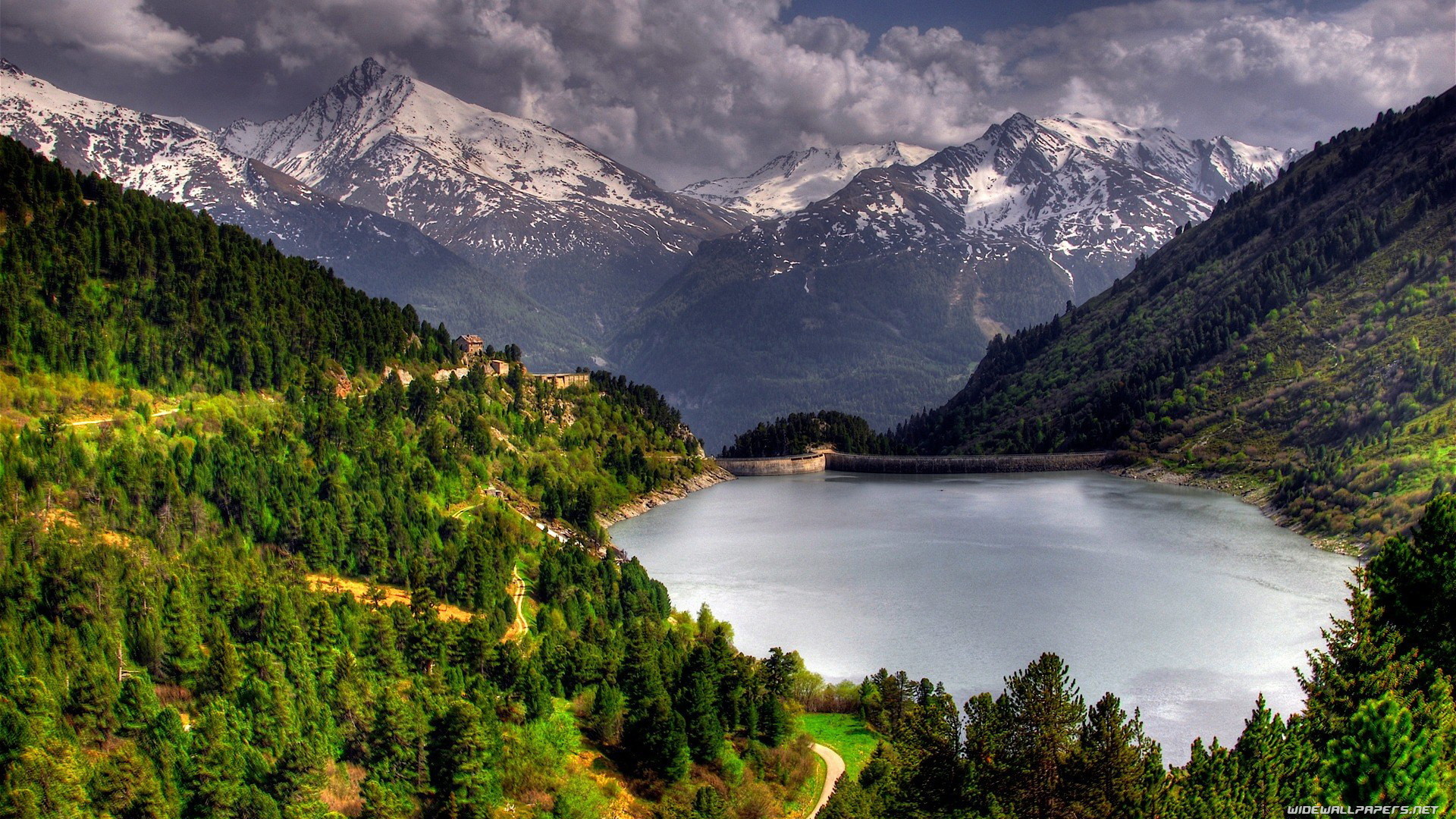 Lago, Montagne innevate, Foresta, Valle, Full HD, wallpaper per desktop