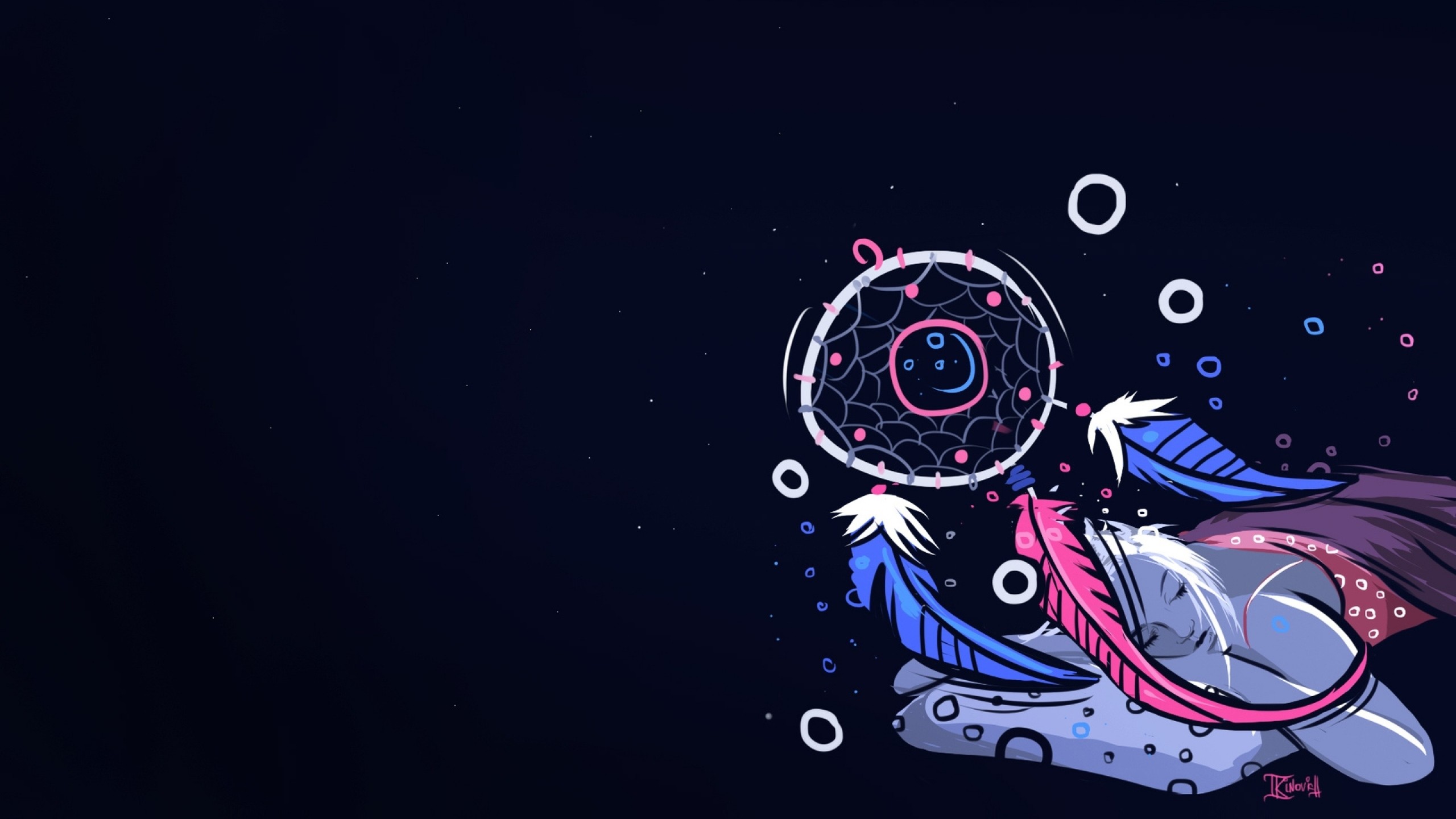 Acchiappasogni, Piume, Illustrazione, Blu notte, 2K, sfondo desktop