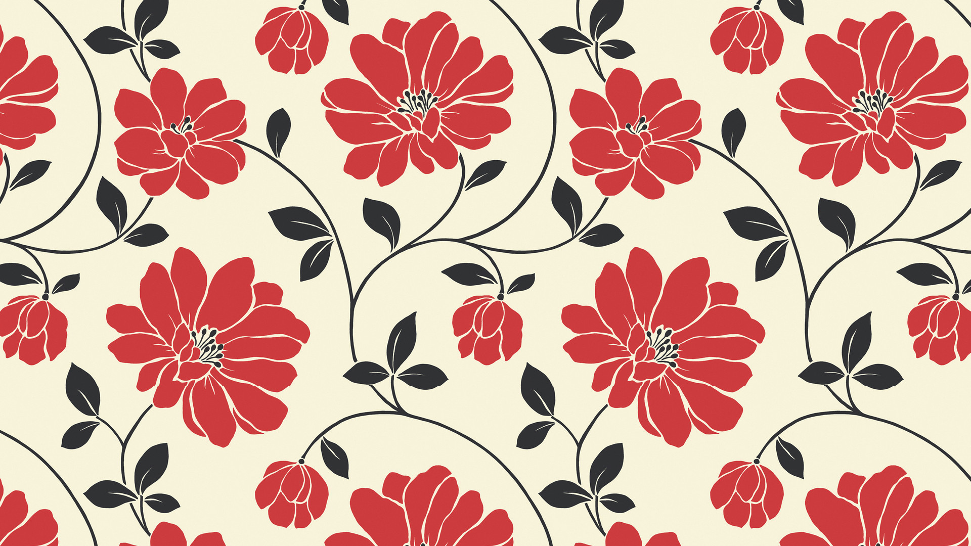 Fiori rossi, Motivo floreale, Pattern, Sfondo crema, Rami neri, 16:9 Full HD, wallpaper widescreen
