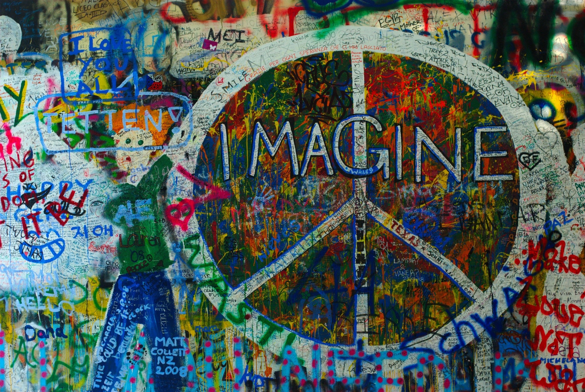 Muro di John Lennon, Praga, Imagine, Simbolo della pace, Graffiti, sfondo Full HD per PC