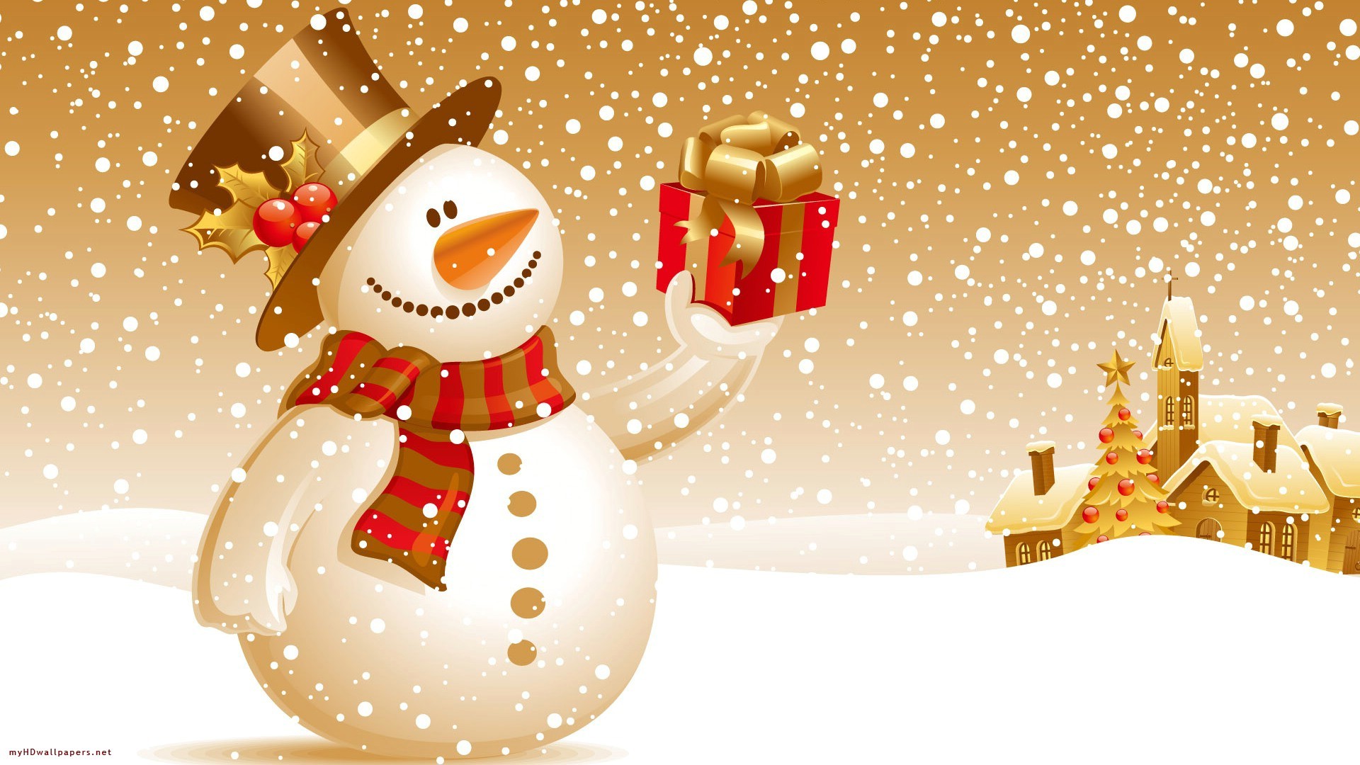 Pupazzo di neve, Regalo, Cilindro, Neve, Villaggio, Full HD, sfondo per PC