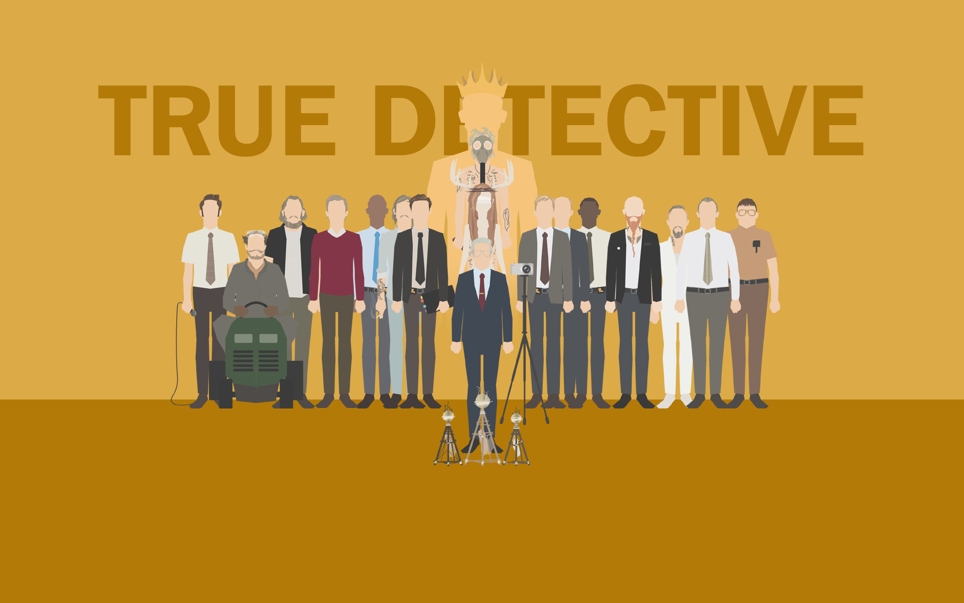 True Detective, Cast, Personaggi, Illustrazione minimalista, Sfondo ocra, wallpaper per portatile
