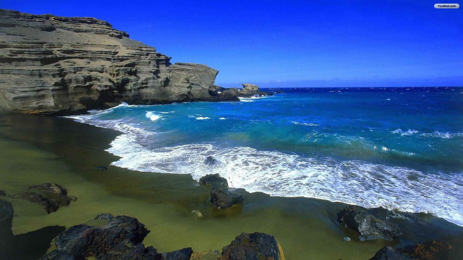Papakolea, Hawaii, Mare, Spiaggia verde, Onde, Full HD 1080p, sfondo desktop