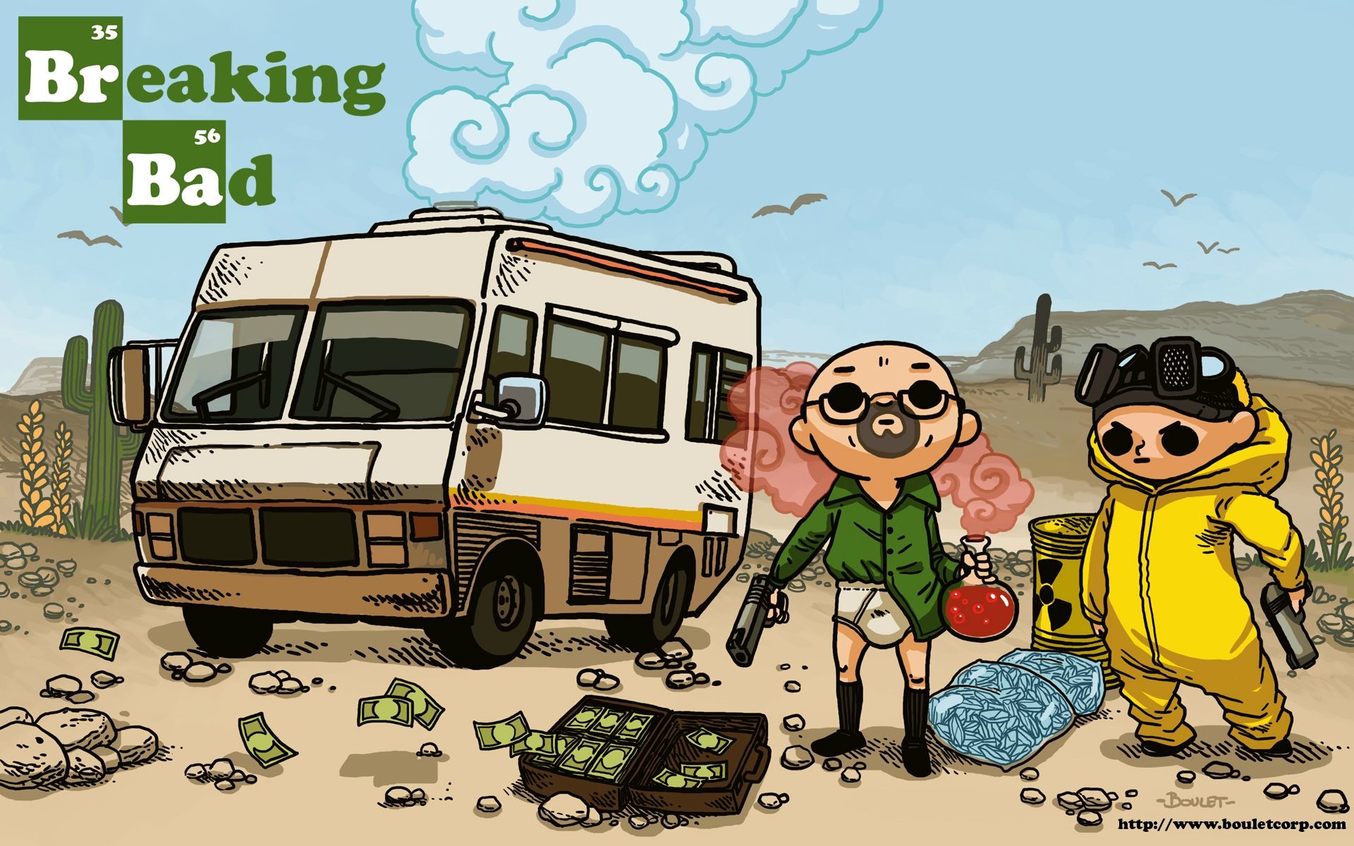 Walter White, Jesse Pinkman, Breaking Bad, Camper, Cartone, Deserto, sfondo 16:10 Full HD
