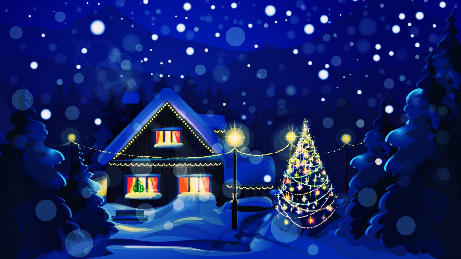 Natale, Casa innevata, Albero di Natale, Notte, Nevicata, 1920x1080, sfondo per PC