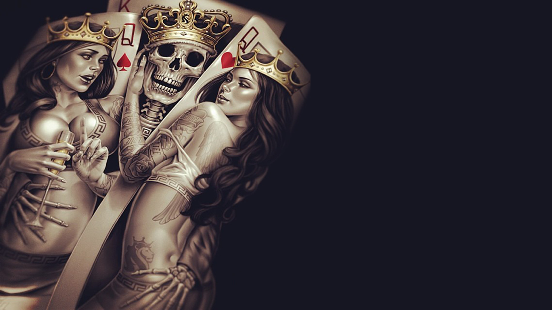 Teschio con corona, Carte da gioco, Re e regine, Tatuaggio, Seppia, sfondo 16:9 Full HD