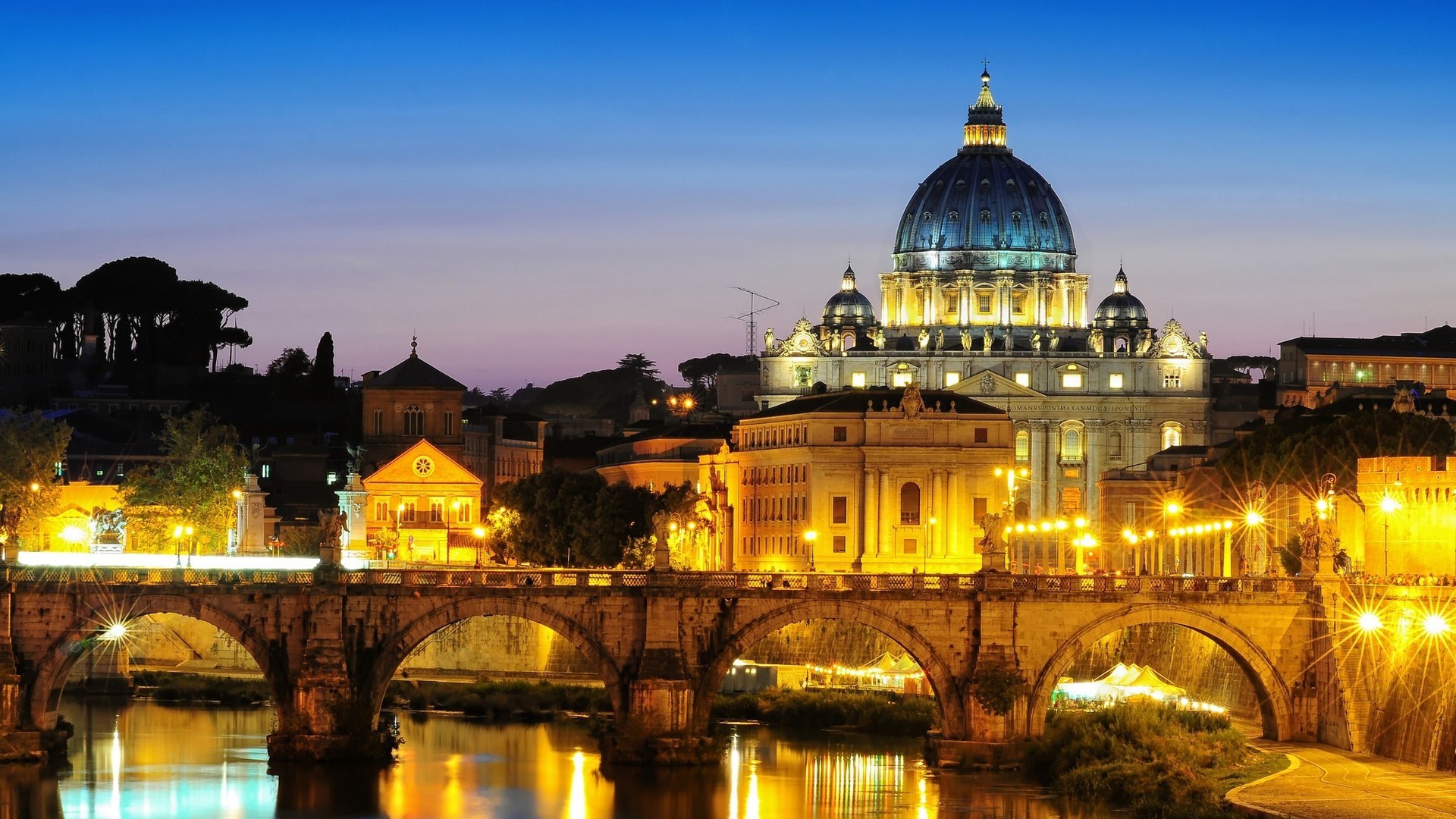 Basilica di San Pietro, Ponte Sant'Angelo, Tevere, Roma, Sera, 1920x1080, immagine di sfondo