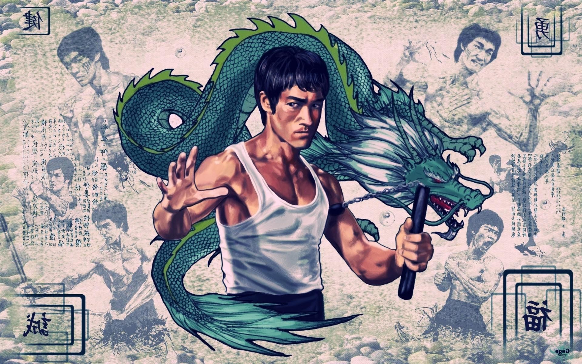 Bruce Lee, Drago, Nunchaku, Illustrazione, 1920x1200, sfondo per PC