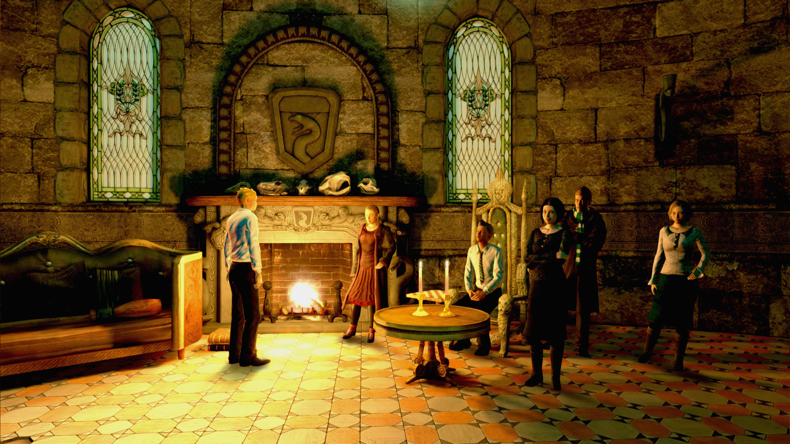 Sala comune di Serpeverde, Harry Potter, Camino, Studenti, 2560x1440, sfondo per PC