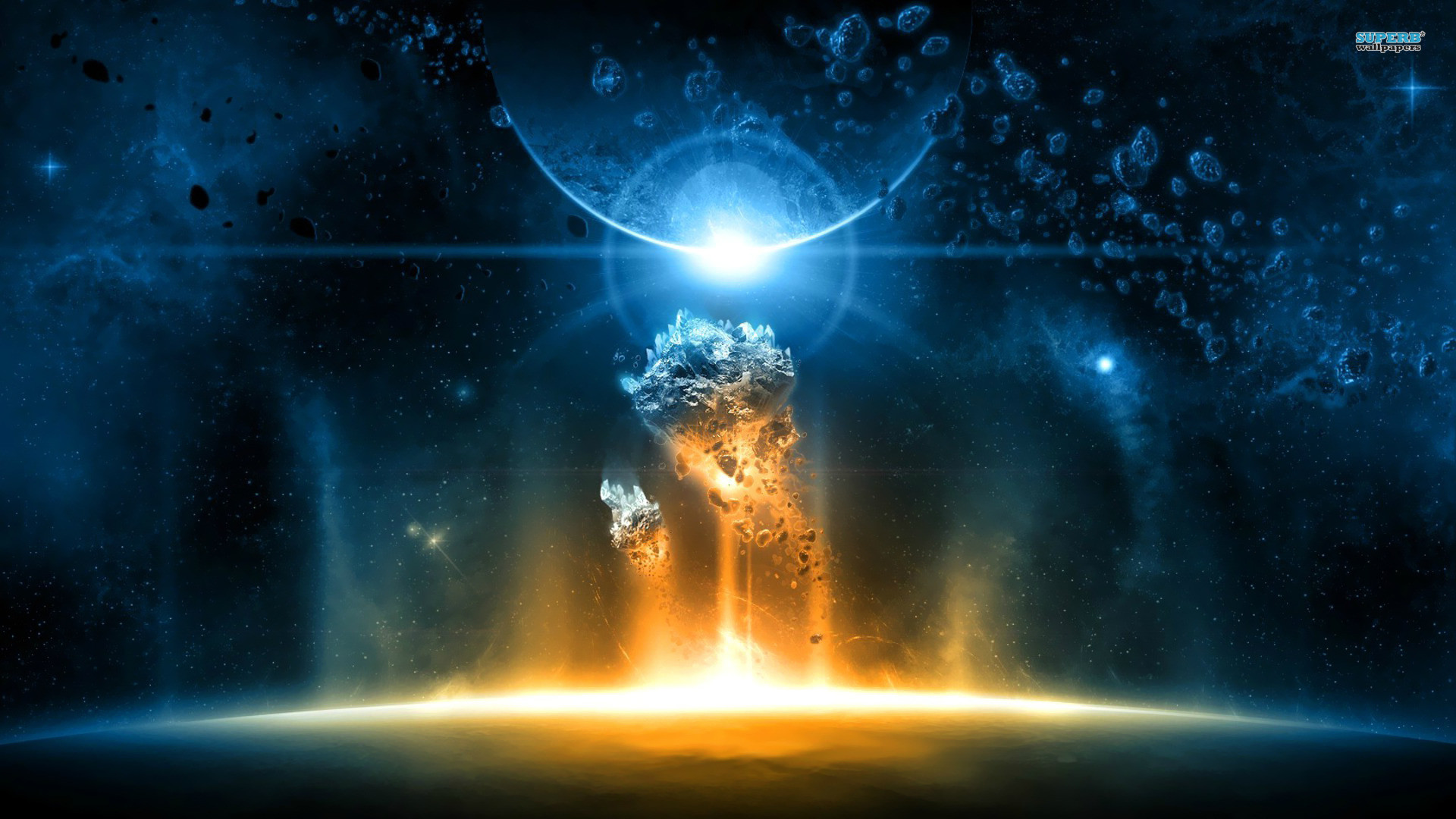 Pianeta, Esplosione, Asteroidi, Blu, Full HD 1080p, sfondo desktop