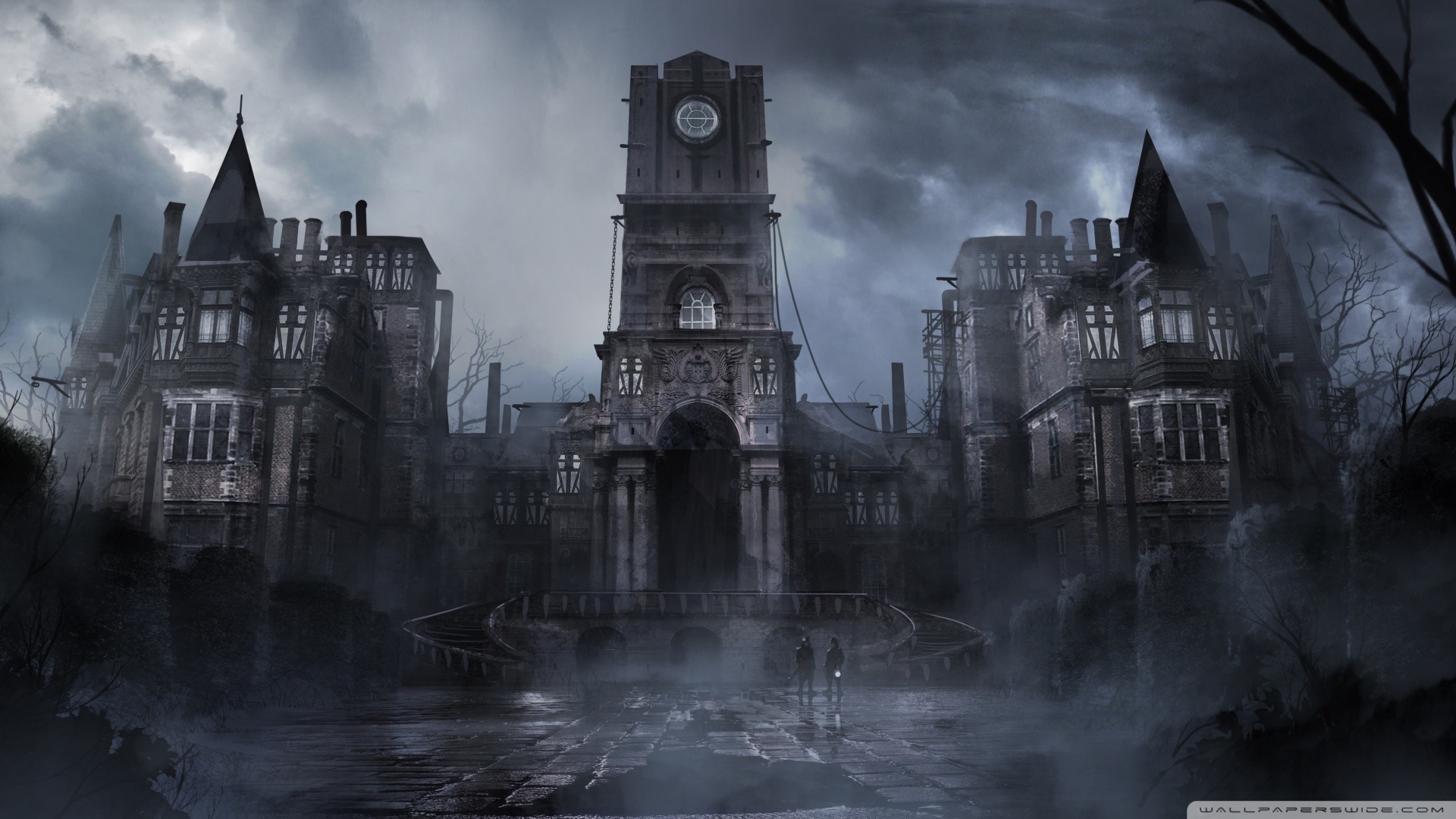 Edificio gotico, Torre dell'orologio, Nebbia, Dark fantasy, Grigio, Notte, sfondo Full HD per PC
